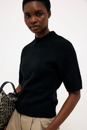 Black Wollmischung Kurzarm Strickpullover