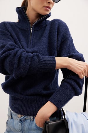 Navy Wollen mix trui met rits