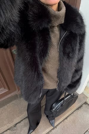 Black Zip Detail Faux Fur Jacket