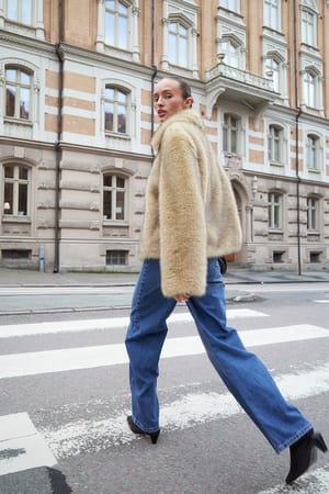 Beige Melange Zip Detail Faux Fur Jacket