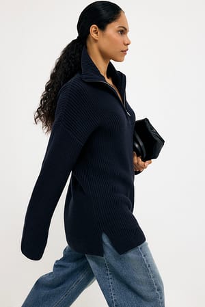 Navy Zipper Detailed Long Knitted Sweater