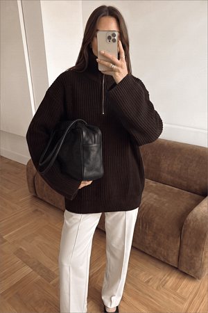 Dark Brown Reißverschluss Detaillierter Langer Strickpullover