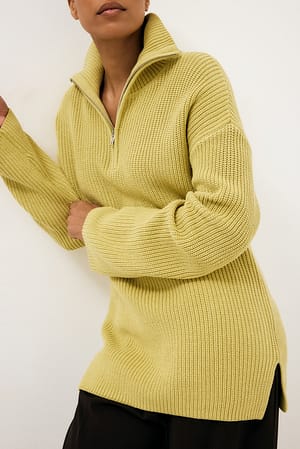 Dusty Yellow Zipper Detailed Long Knitted Sweater
