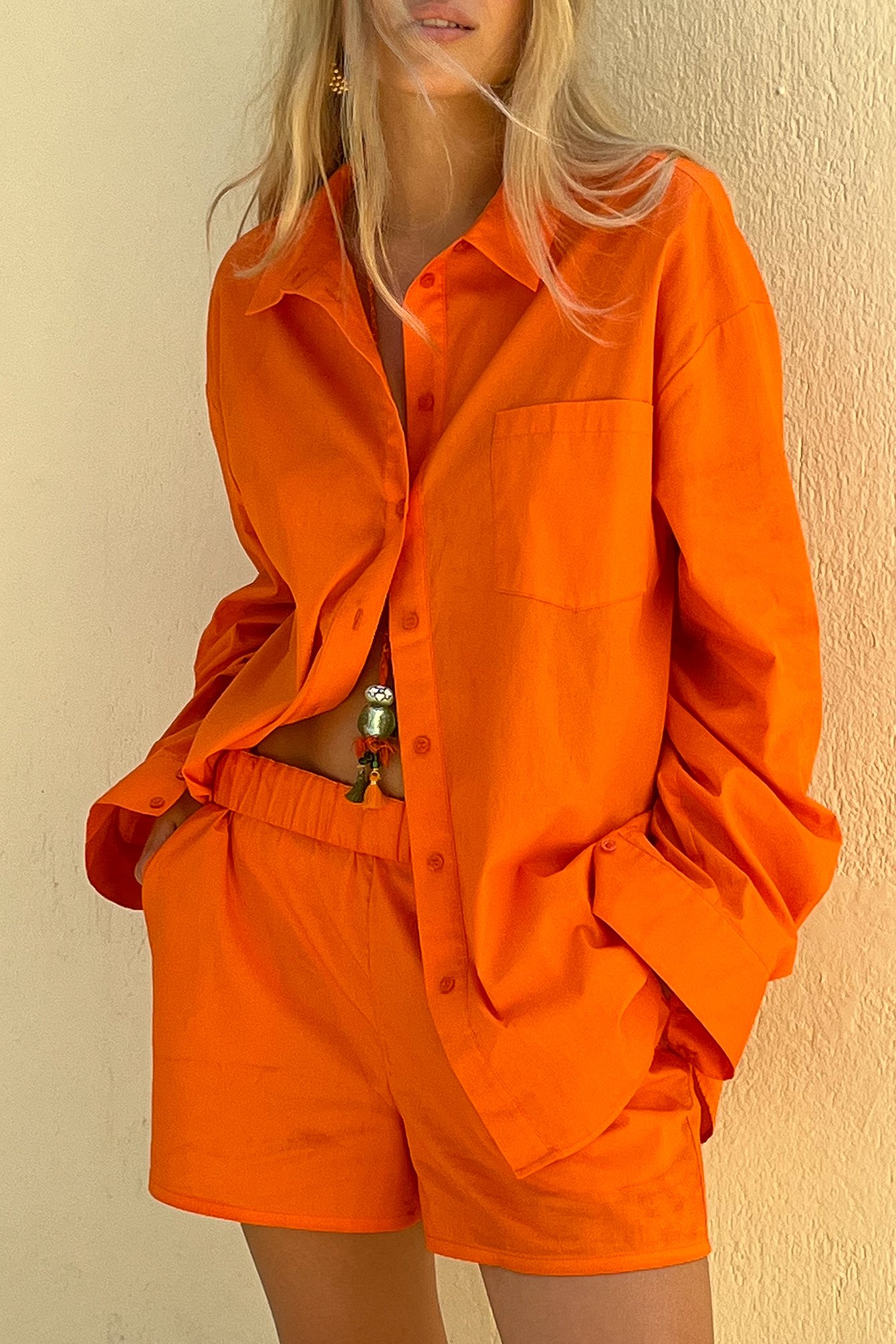 Dark Orange Elastic Waistband Cotton Shorts