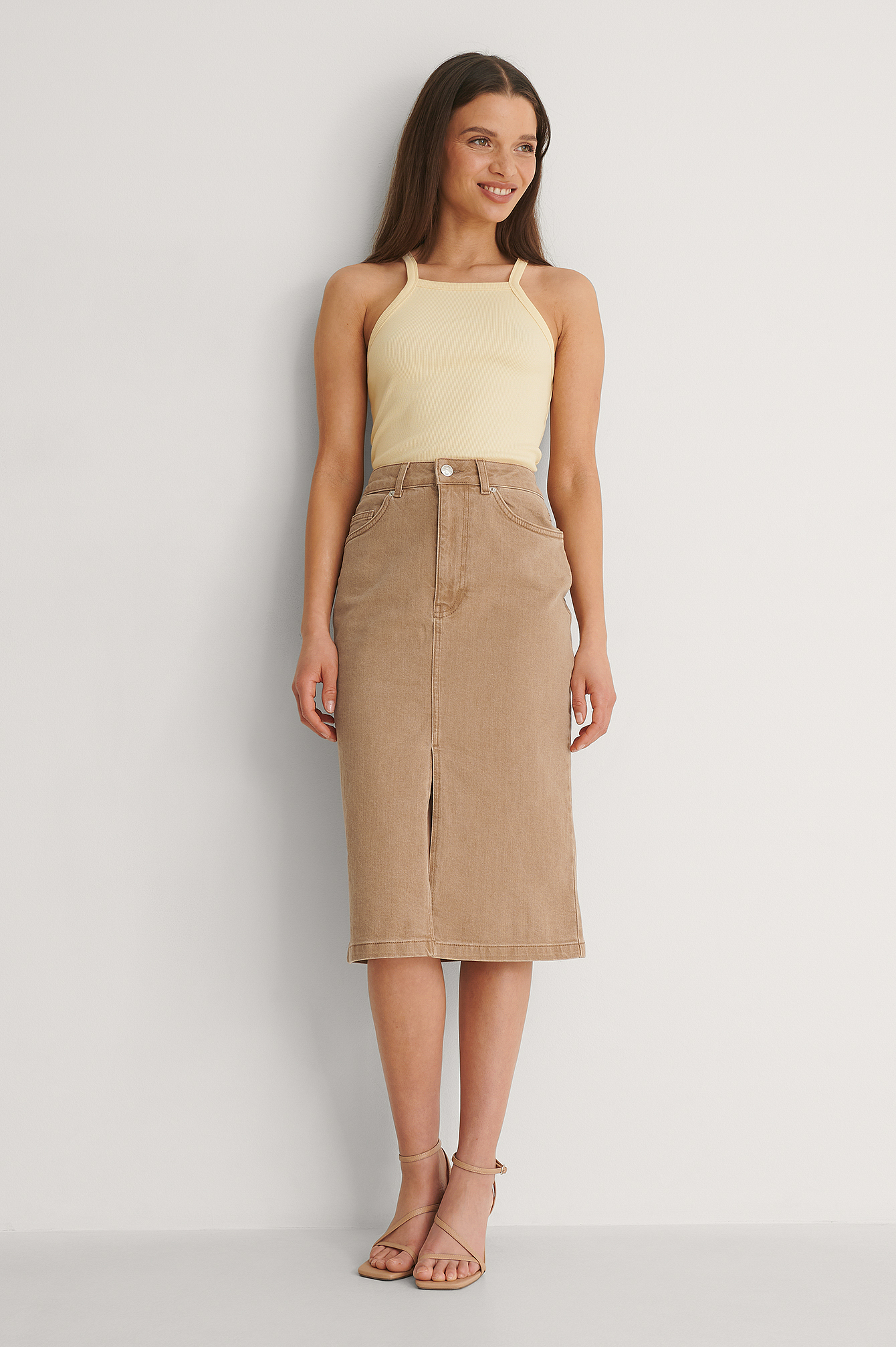 Front Split Colored Denim Skirt Brown 