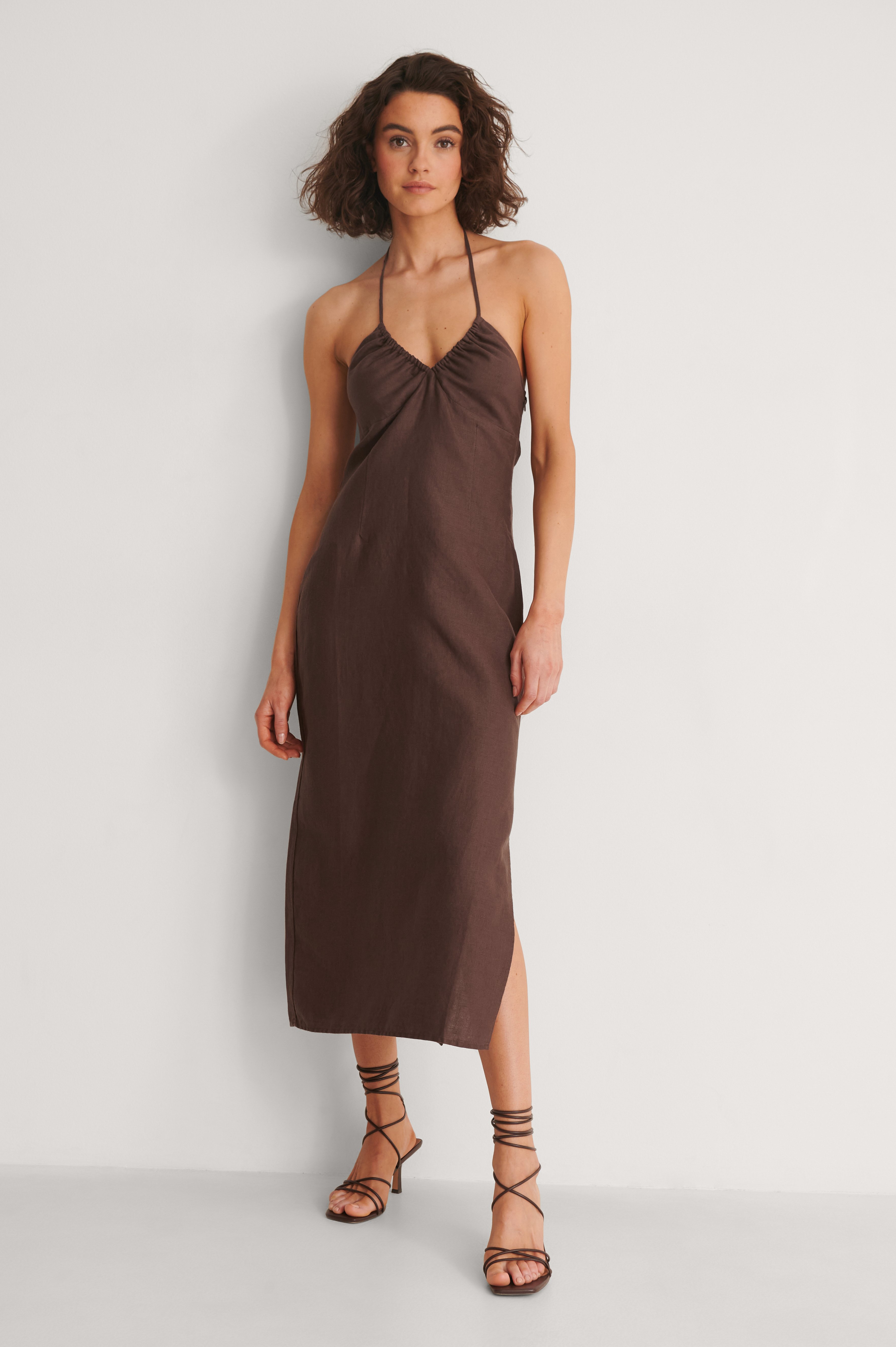 Brown Halterneck Linen Midi Dress