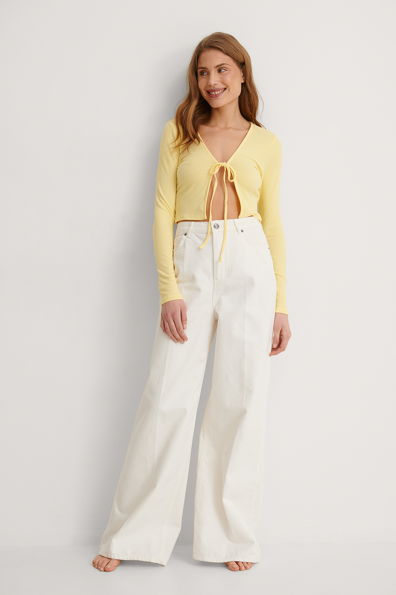 Light Yellow Ribbed Front Knot Detail Top