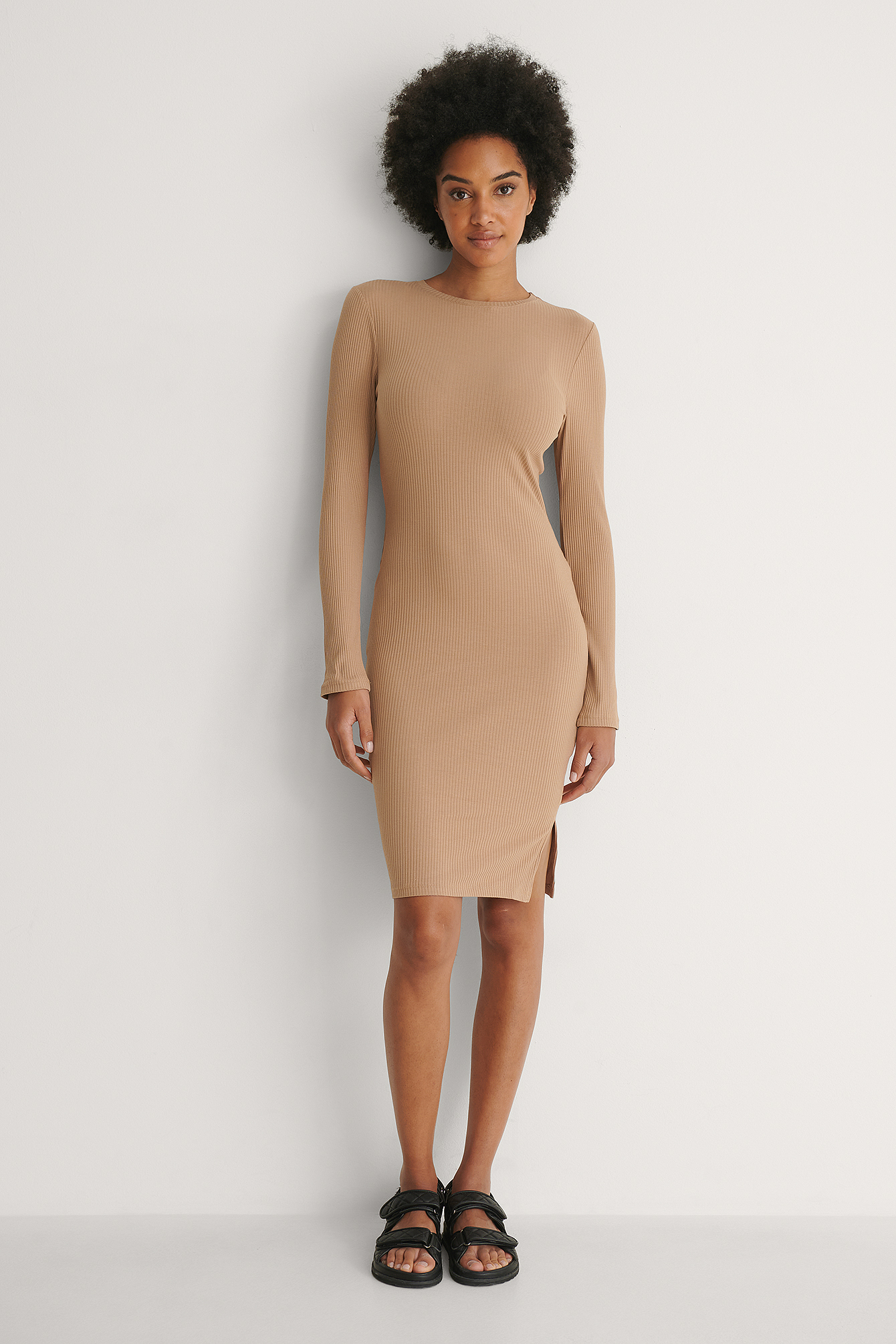 Ribbed Long Sleeve Dress Beige | na-kd.com