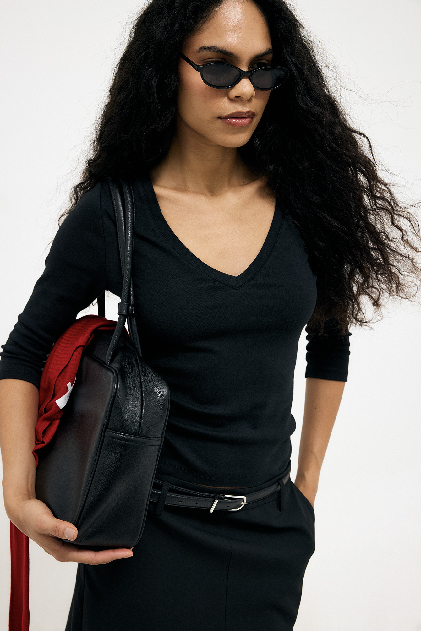 3/4 V-Neck Jersey Top - Basic Tops - Black - L - NA-KD / NAKD