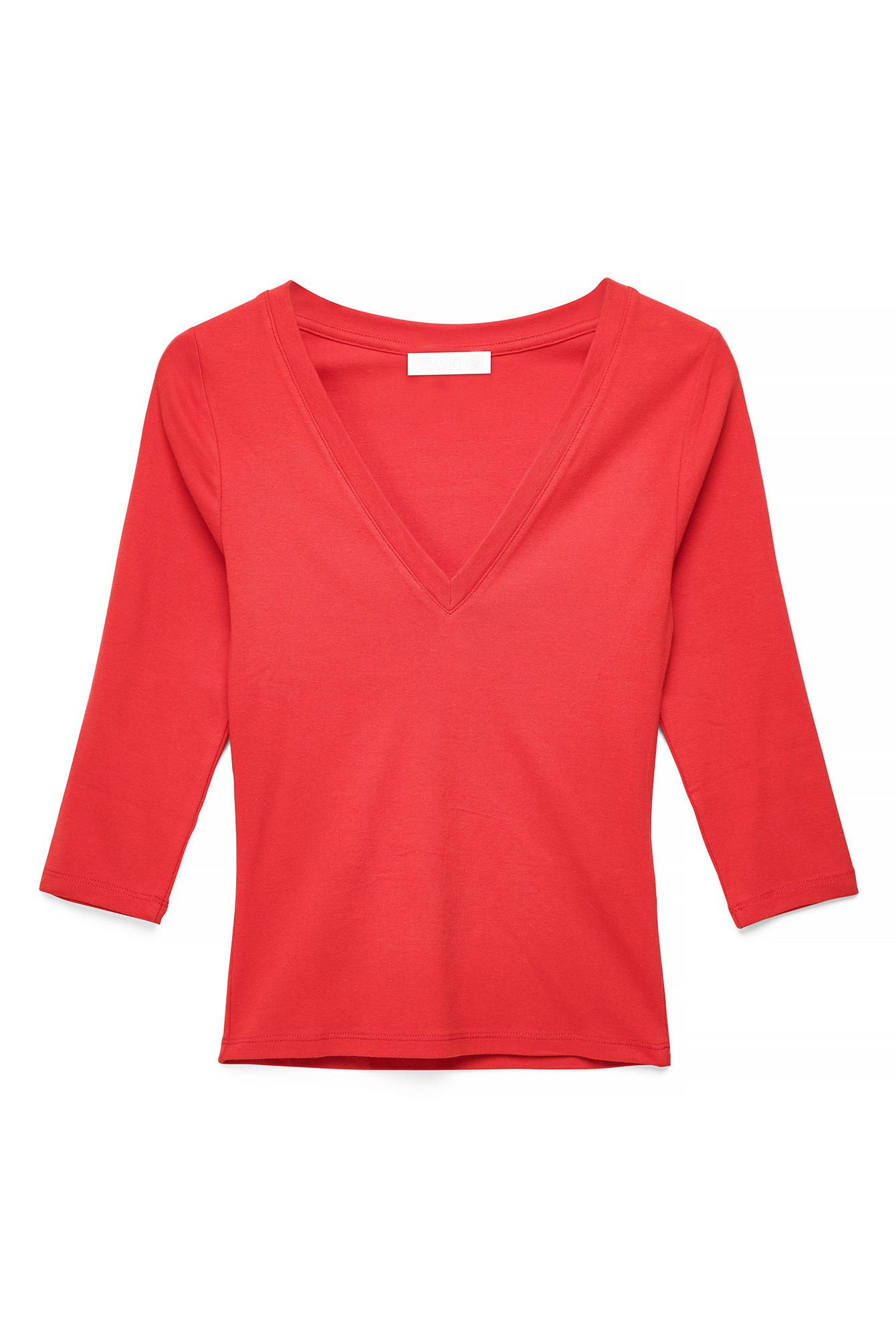 3/4 V-Neck Jersey Top - Basic Tops - Red - XS - NA-KD / NAKD
