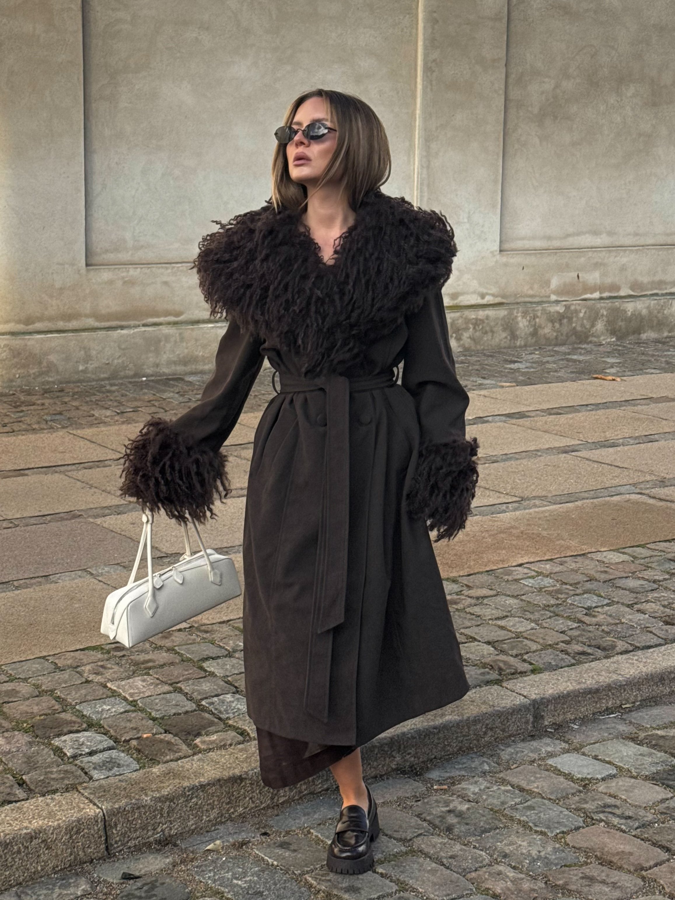 Bonded Detail Curly Faux Fur Coat Brown | NA-KD