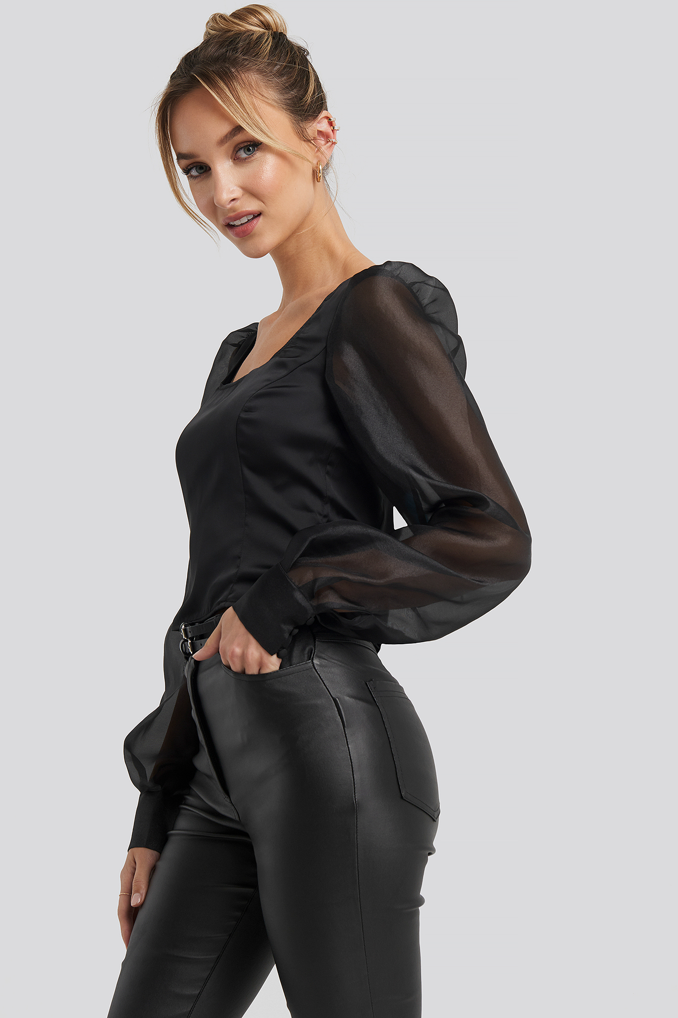 Organza Puff Sleeve Blouse Black