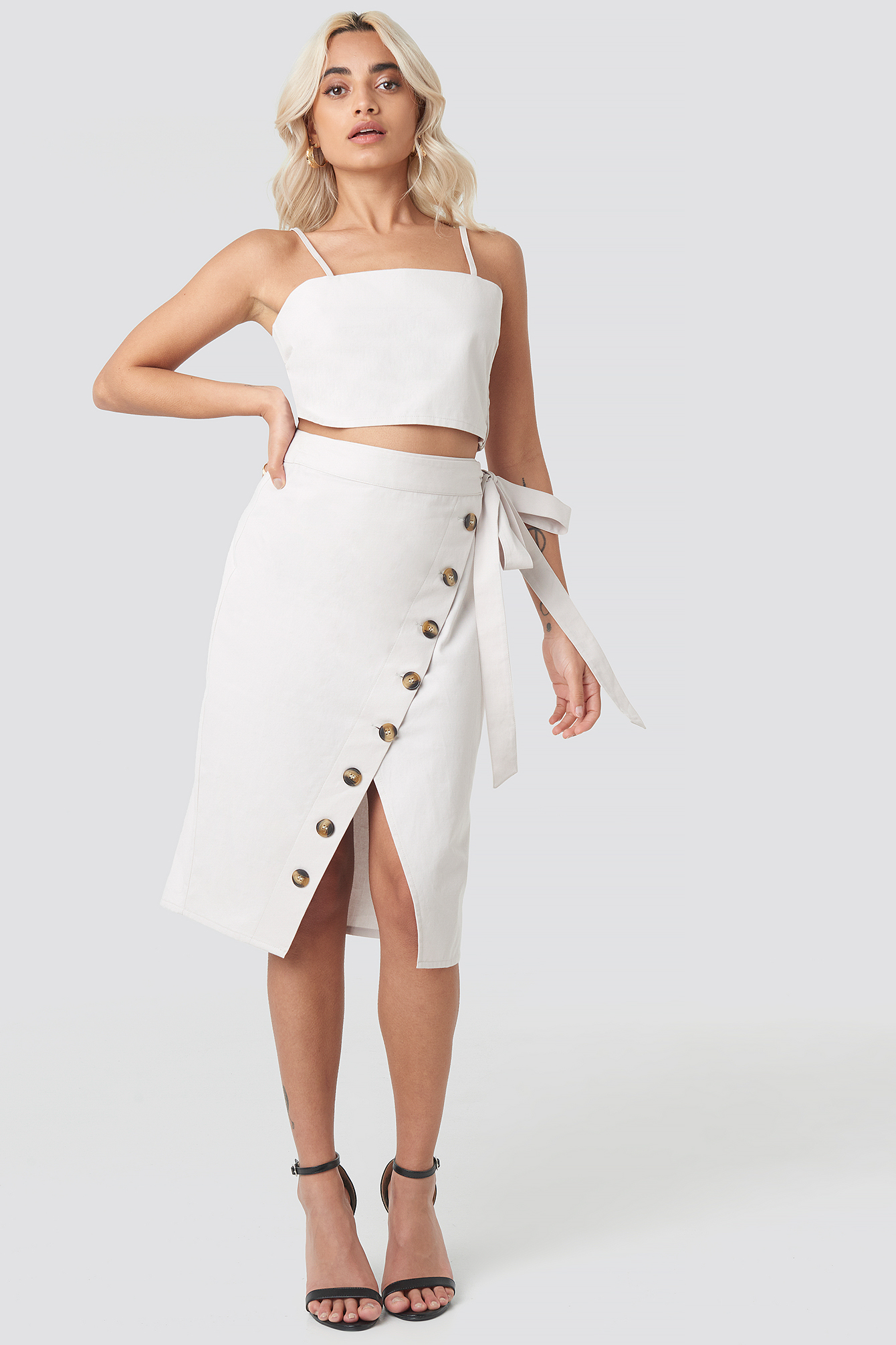 Belted Button Up Skirt Beige