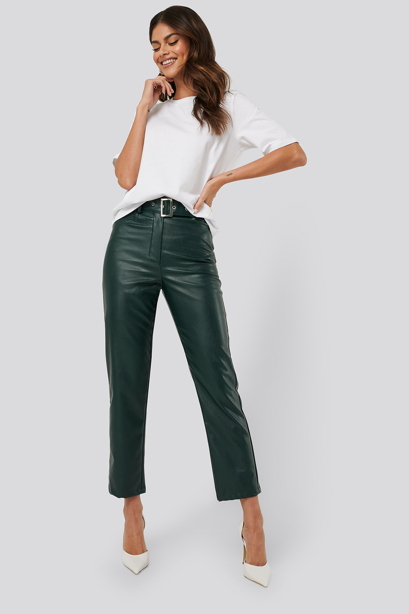 Belted Pu Leather Pants Green | na-kd.com