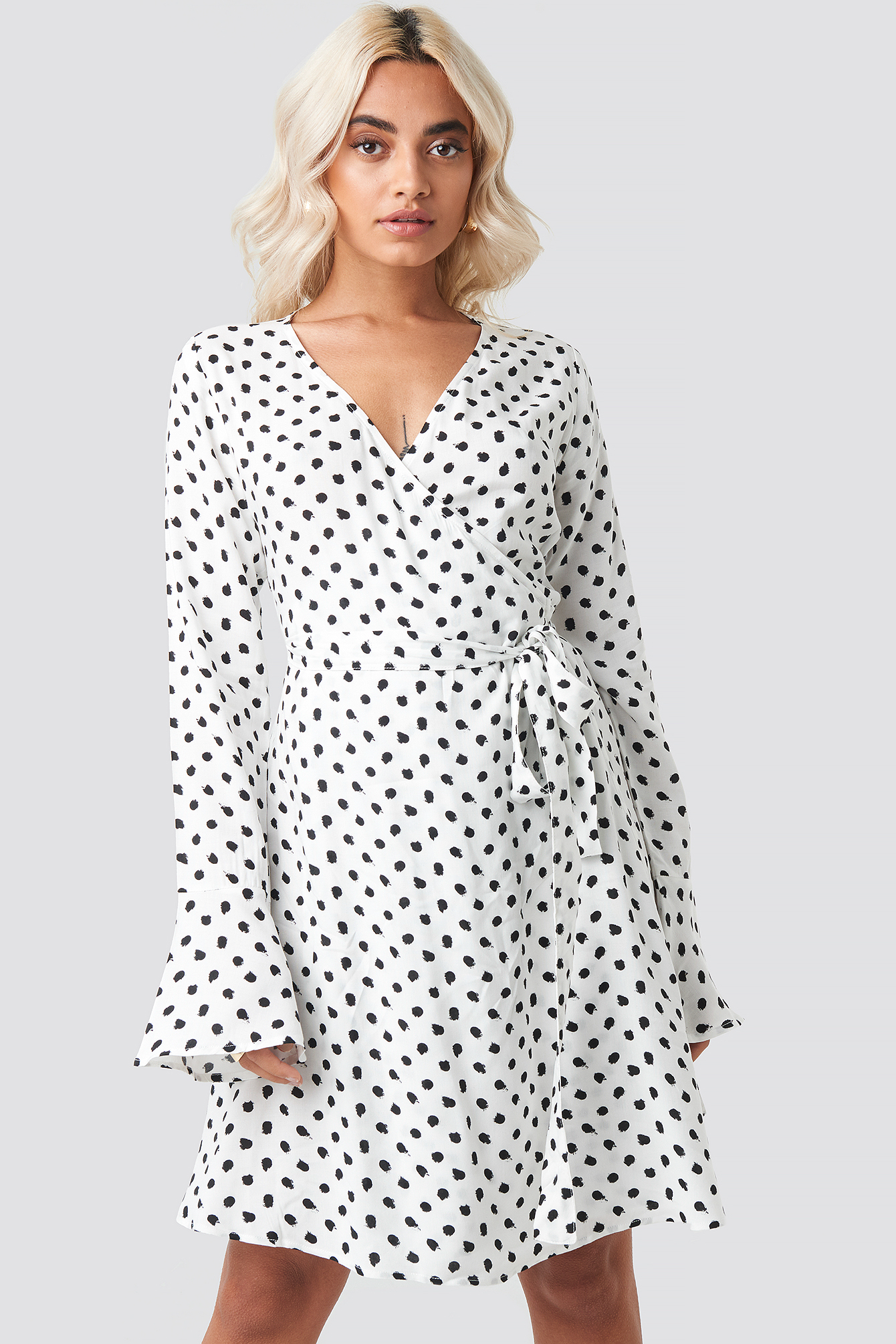Dot Print Wrap Mini Dress White/Black