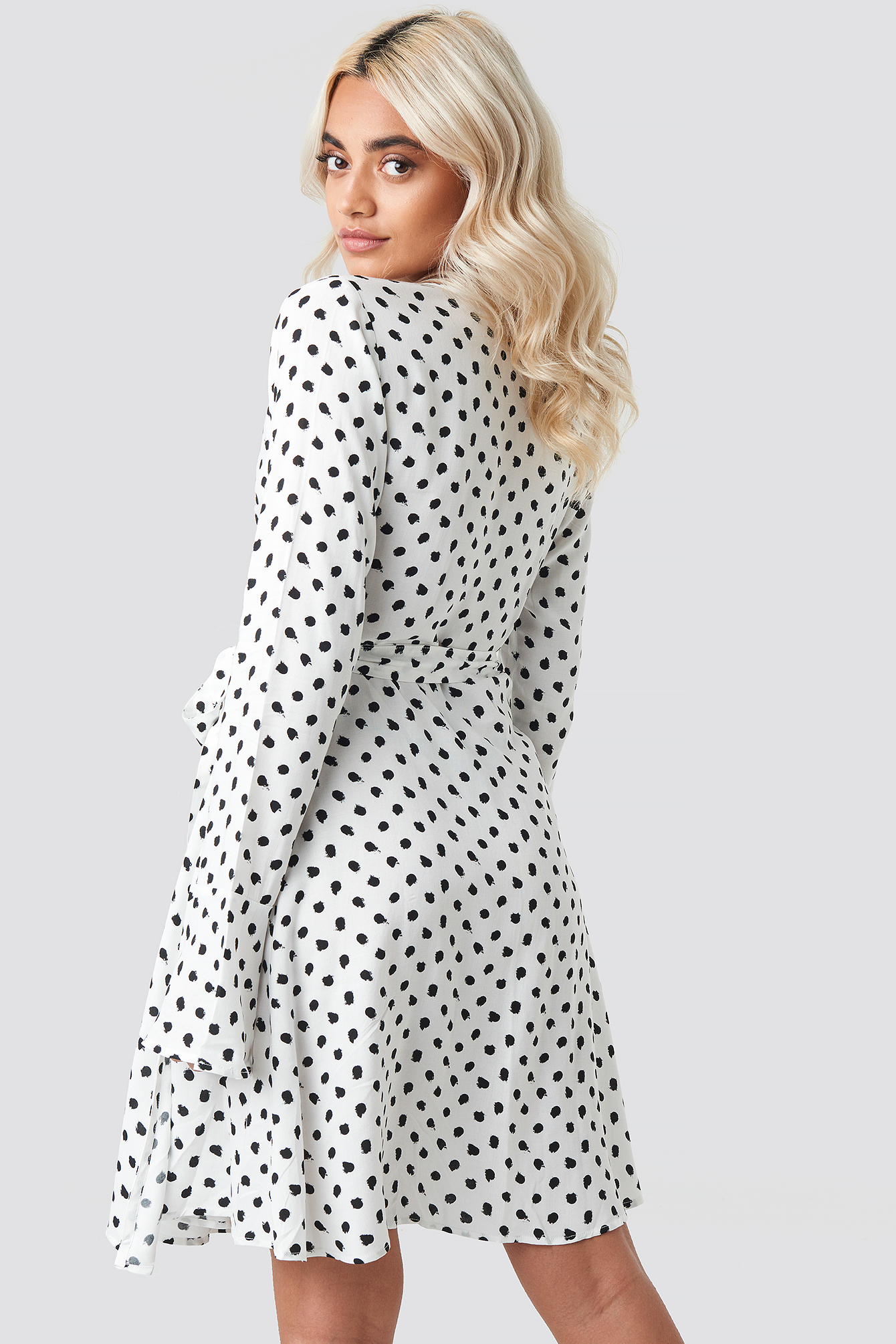 Dot Print Wrap Mini Dress White/Black