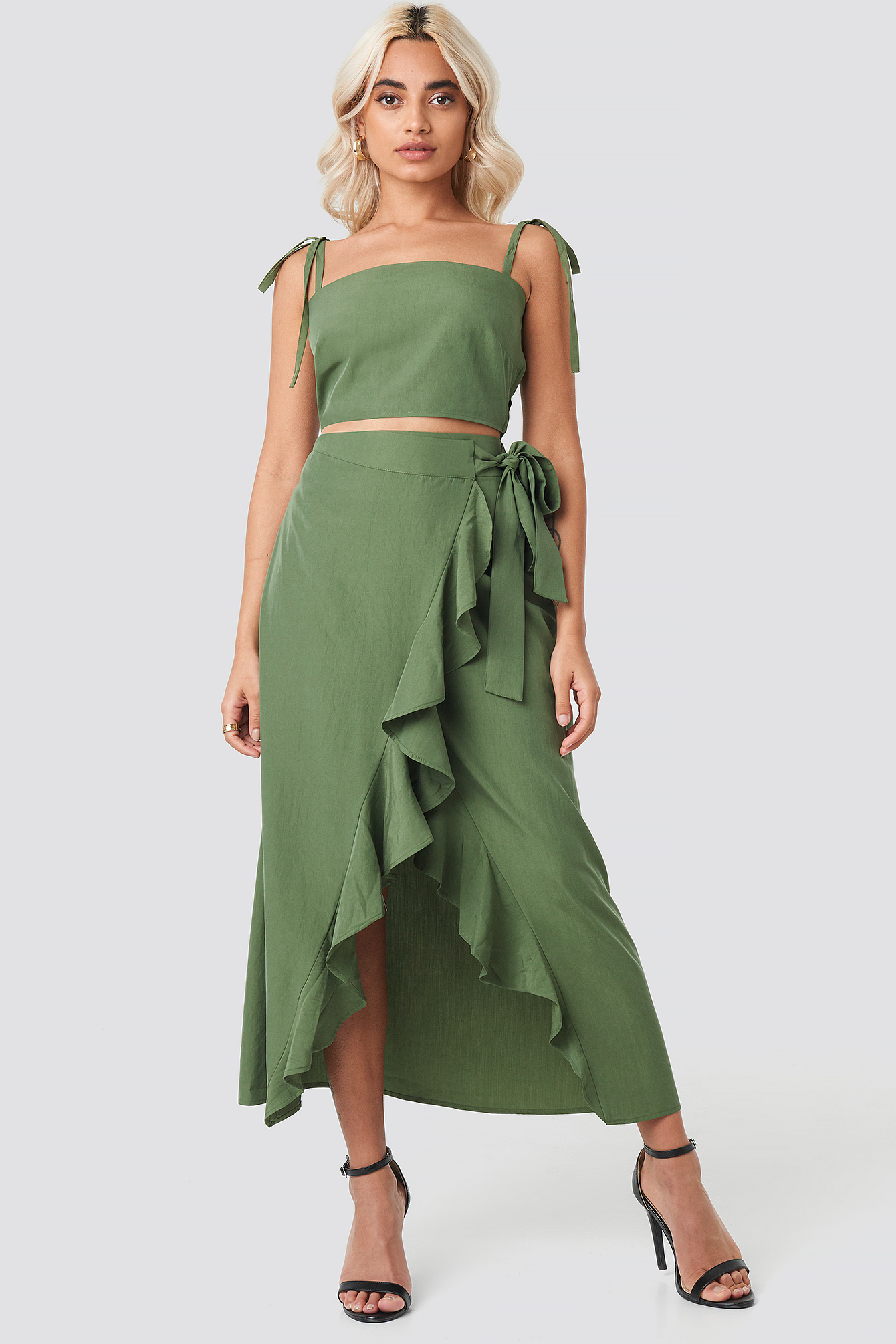 Ruffle Wrap Midi Skirt Khaki