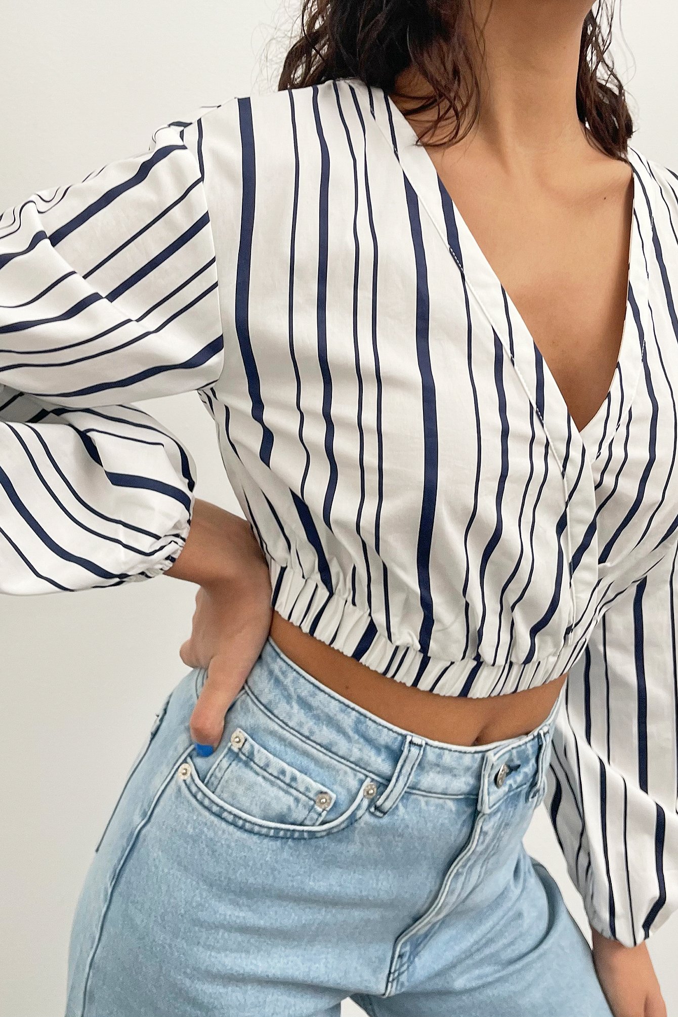 Striped Cropped Balloon Blouse