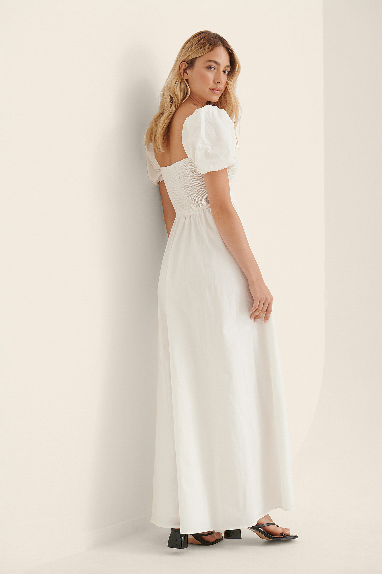 Puff Sleeves Smocked Maxi Dress White 