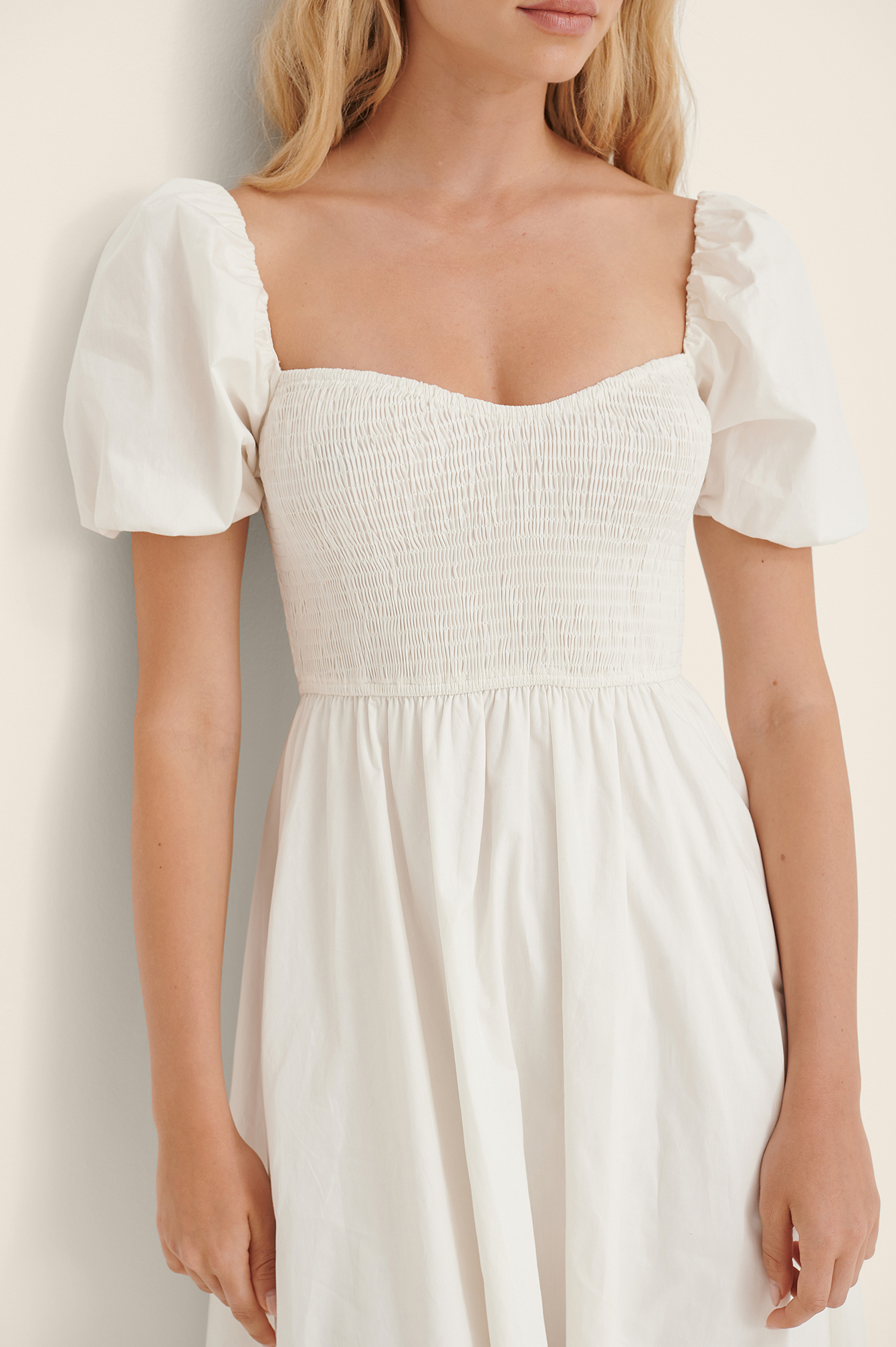 Puff Sleeves Smocked Maxi Dress White 