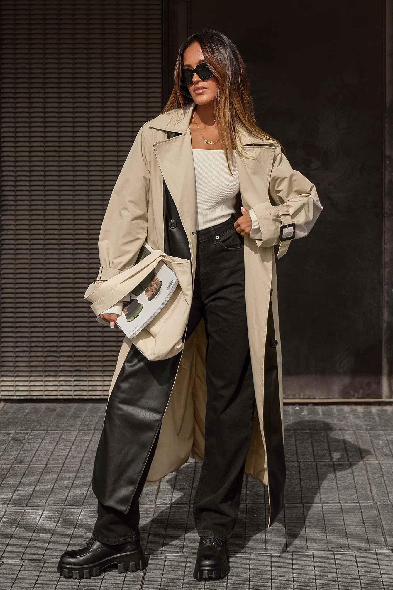 Beige PU Contrast Trench