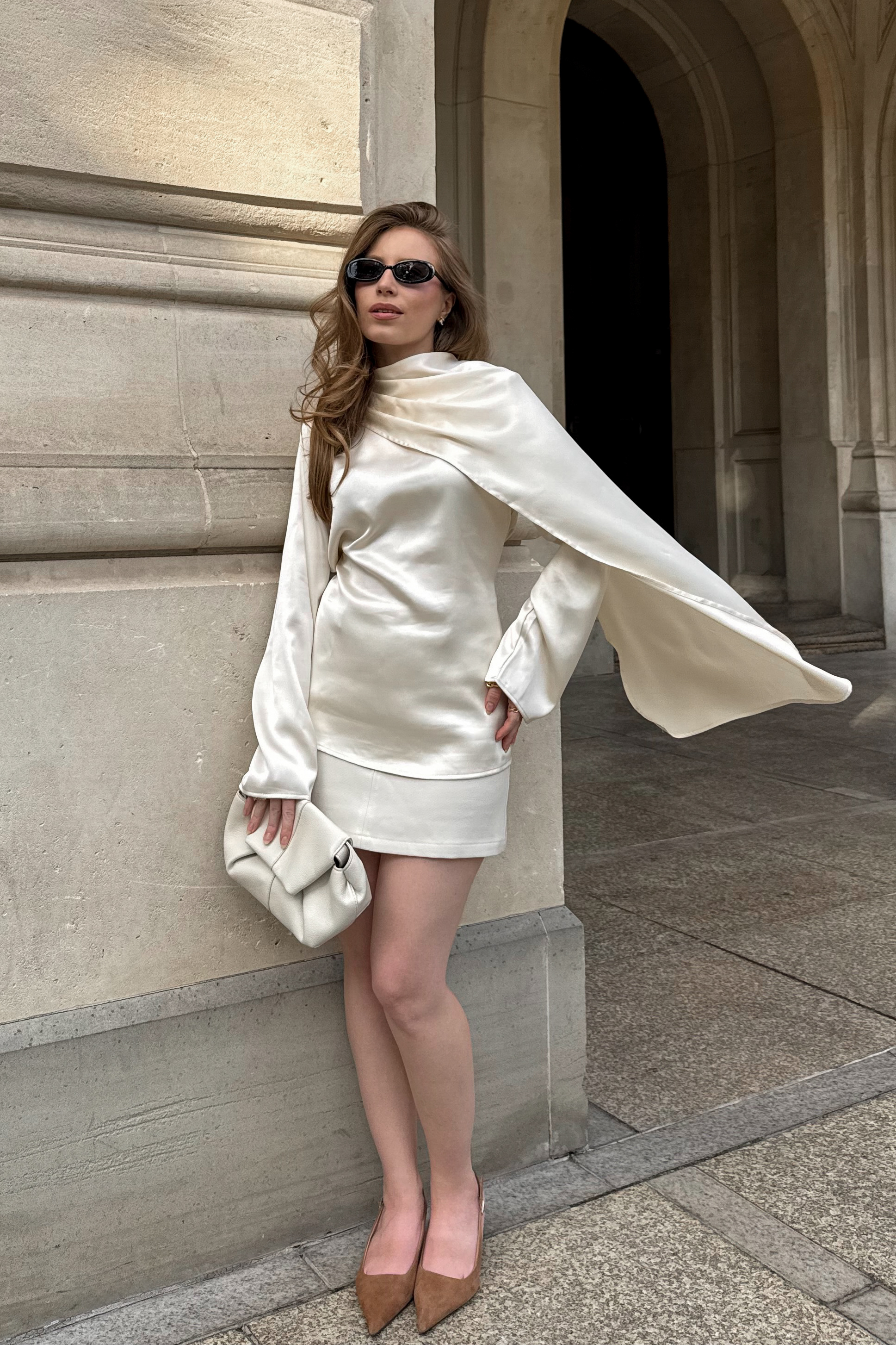 Scarf Cape Satin Blouse Offwhite | NA-KD