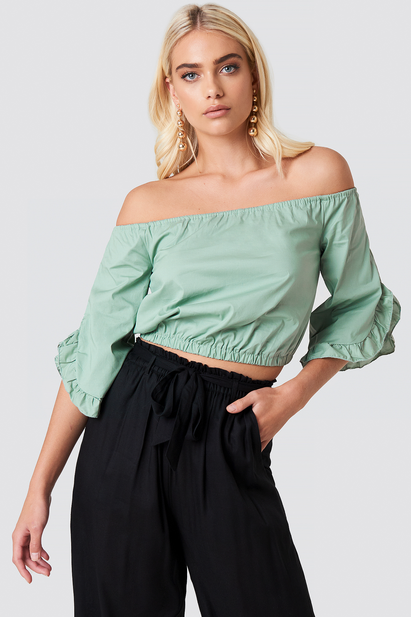 Off Shoulder Flare Frill Top Dusty Green