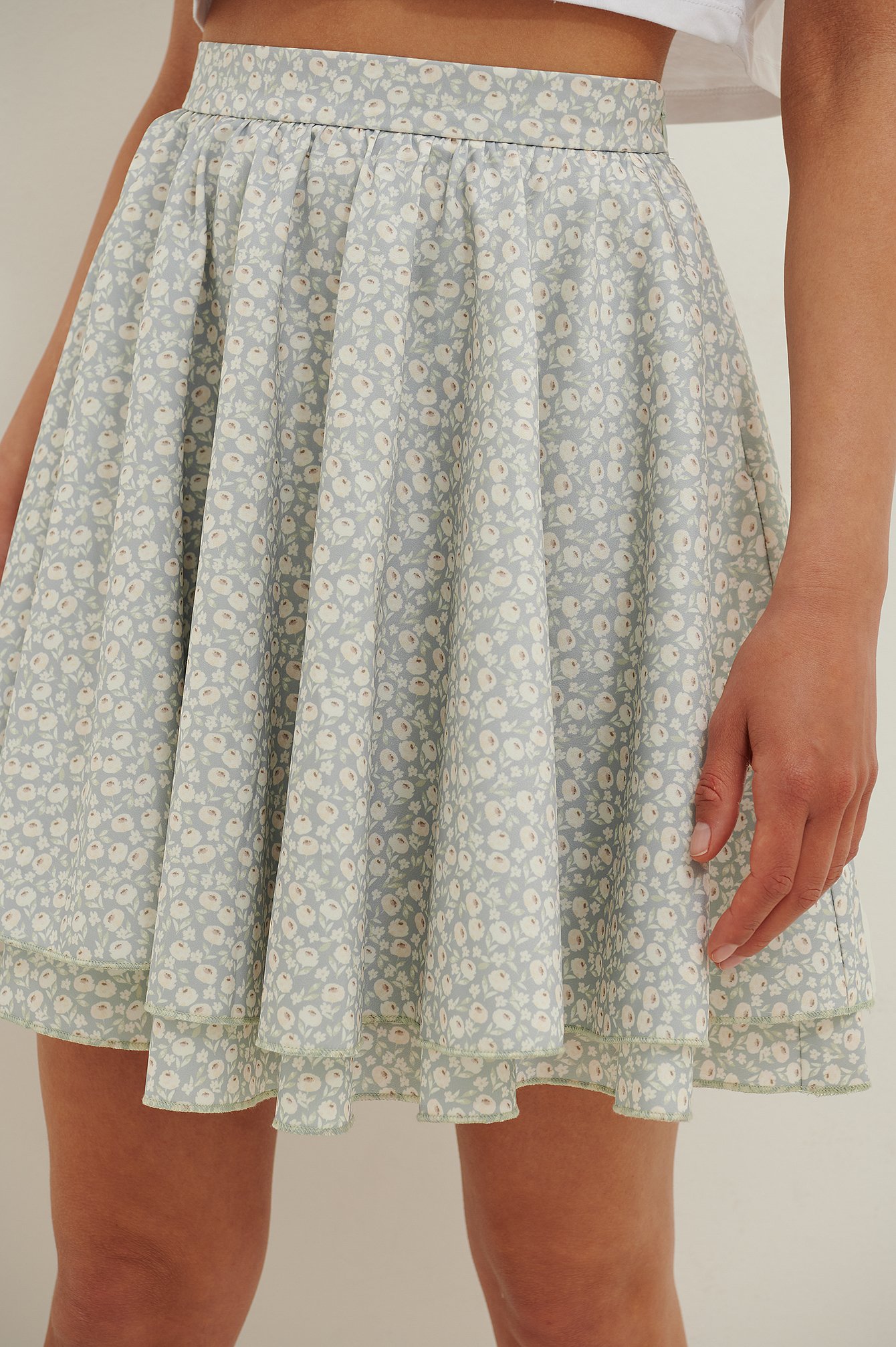 Green Flower Print Flounce Mini Skirt