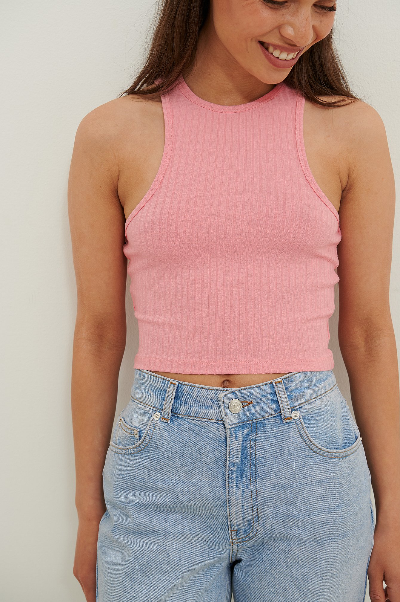 Pink Ribbed Cropped Tank Top