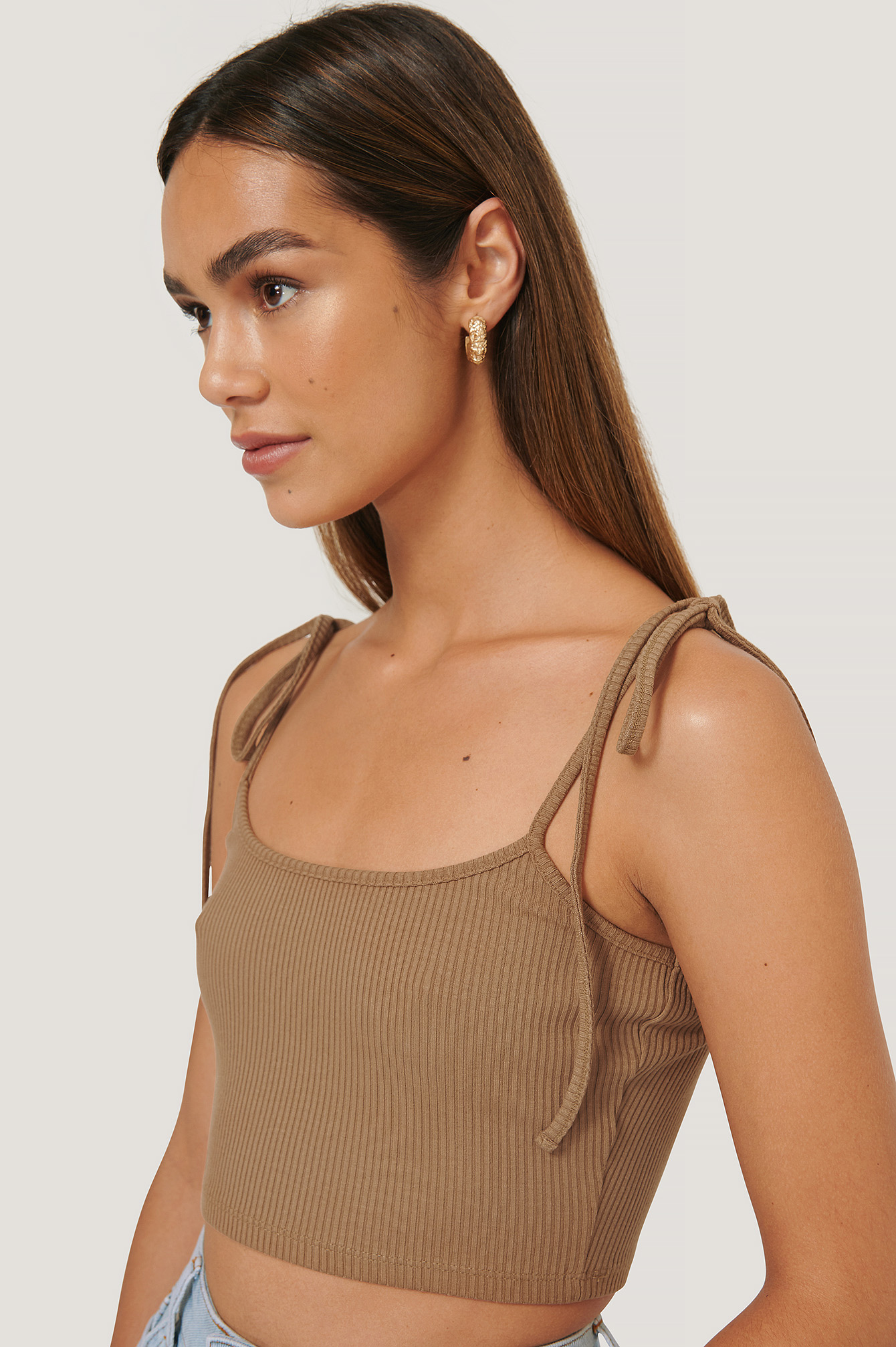 Tie Shoulder Rib Jersey Top Brown | na 
