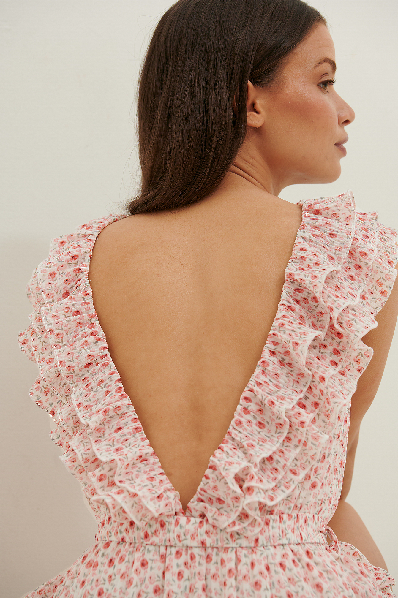 Pink Flower Print V-Neck Flounce Detail Dress