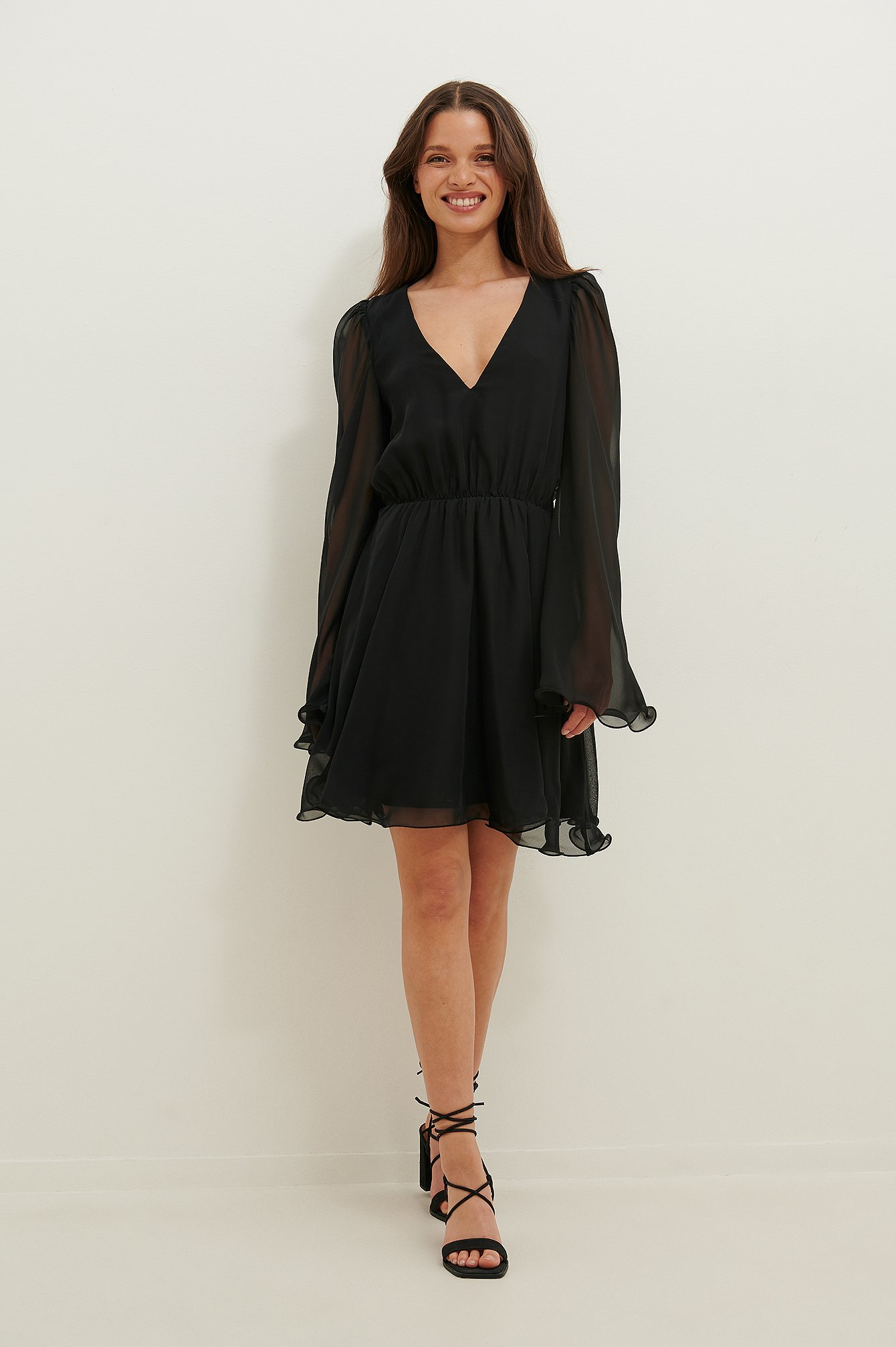 Black Recycled Wide Sleeve Chiffon Mini Dress
