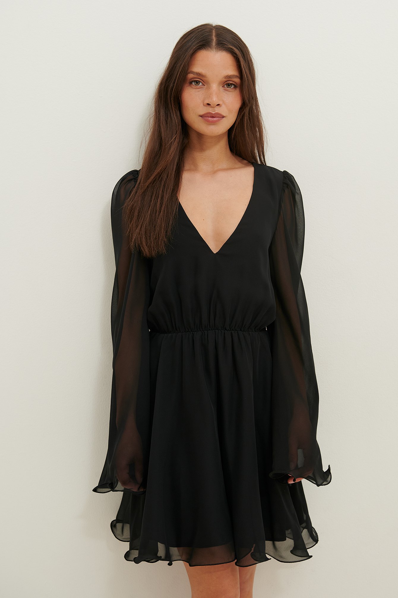 Black Recycled Wide Sleeve Chiffon Mini Dress