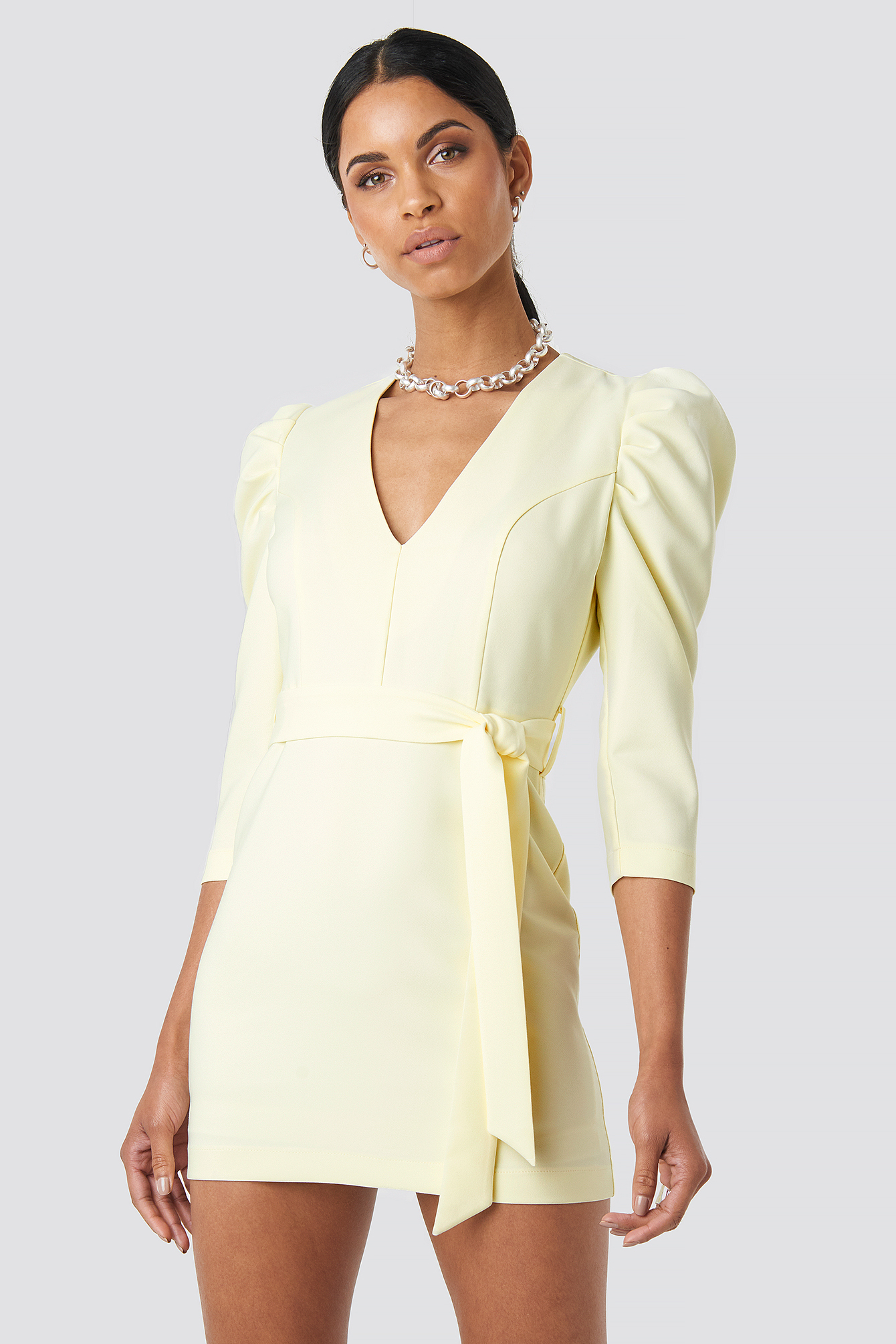 Belted Puffy Sleeve Dress Yellow