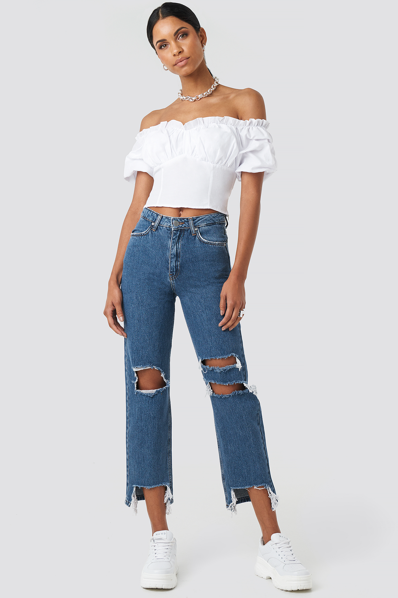 Highwaisted Front Ripped Jeans Mid Blue