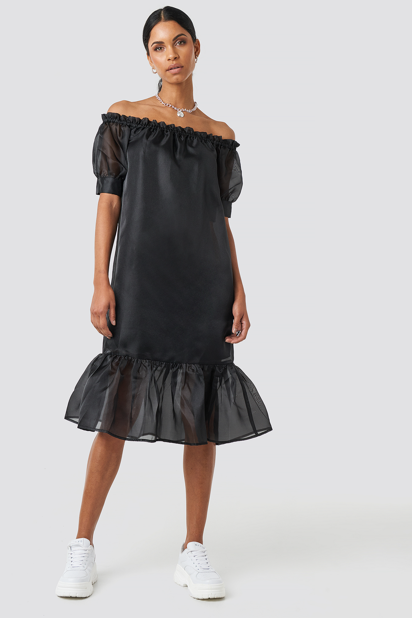 Off Shoulder Puffy Mid Flounce Dress Black