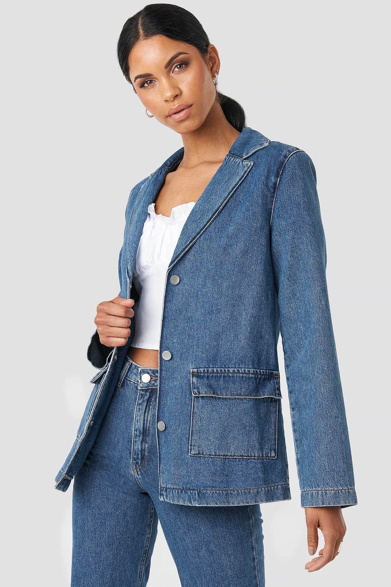 Straight Fit Denim Blazer Mid Blue