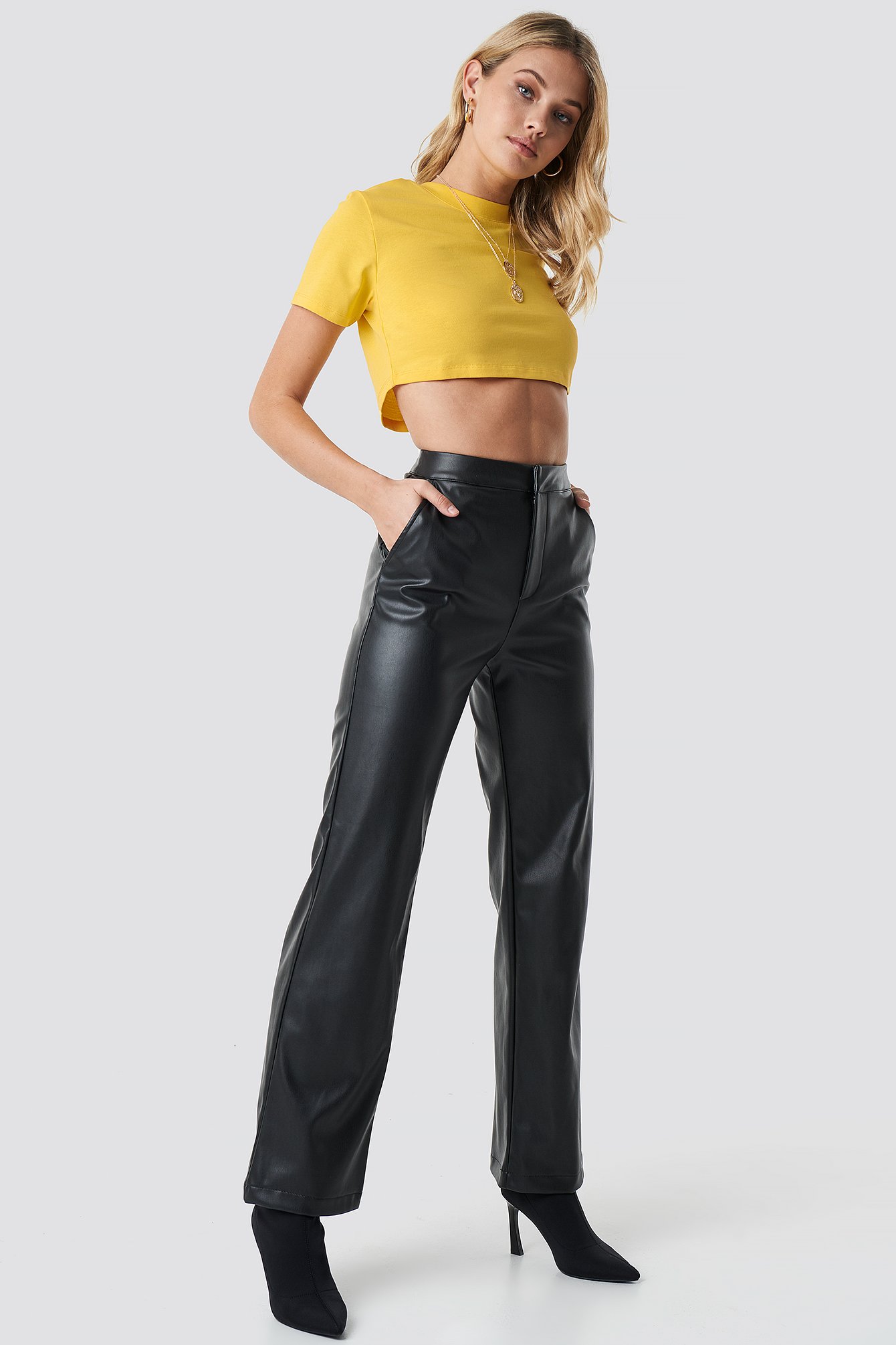 faux leather straight leg trousers