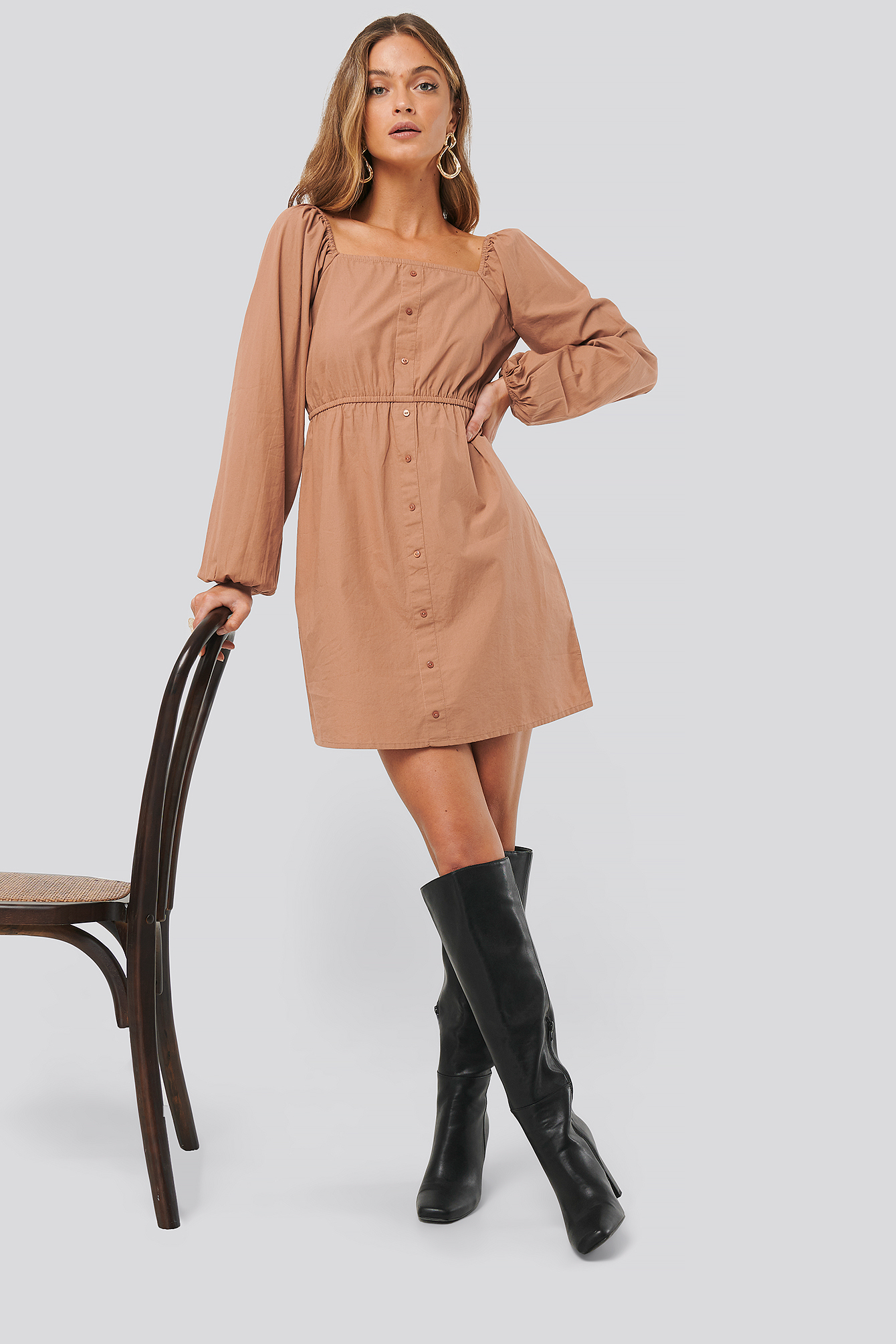 Puff Sleeve Button Up Dress Cocoa