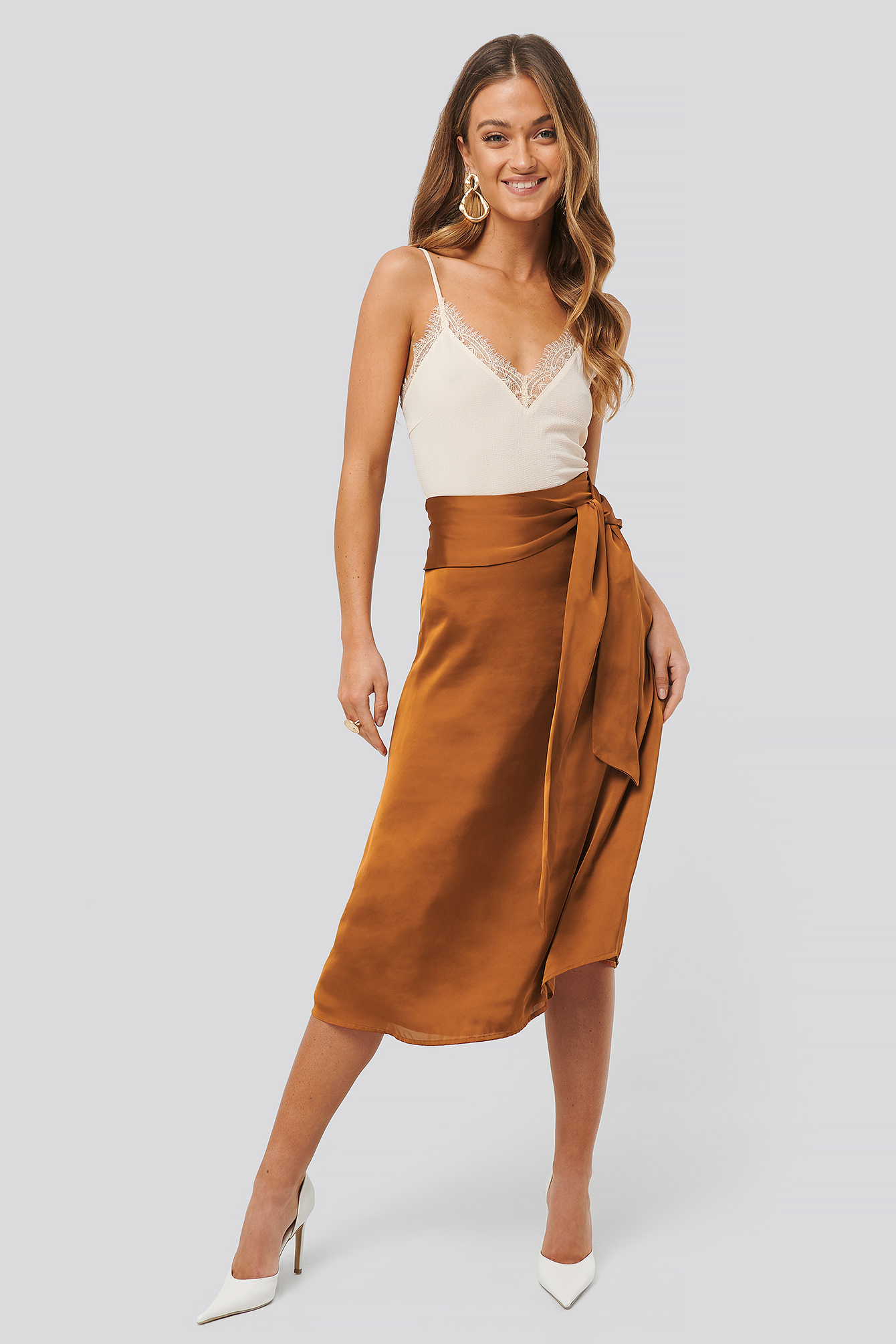 Tie Waist Satin Skirt Bronze
