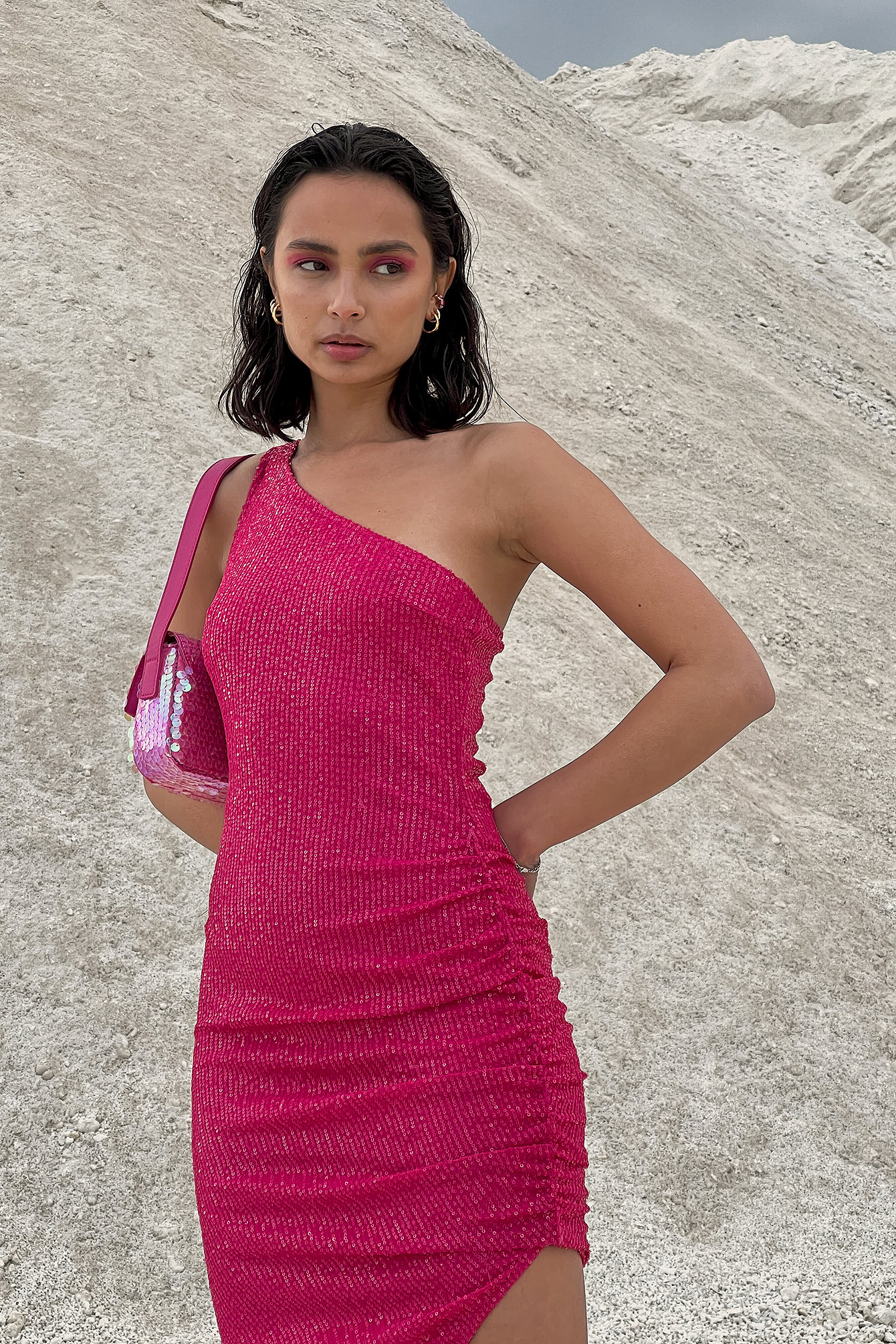 Pink Asymmetric Sequin Dress