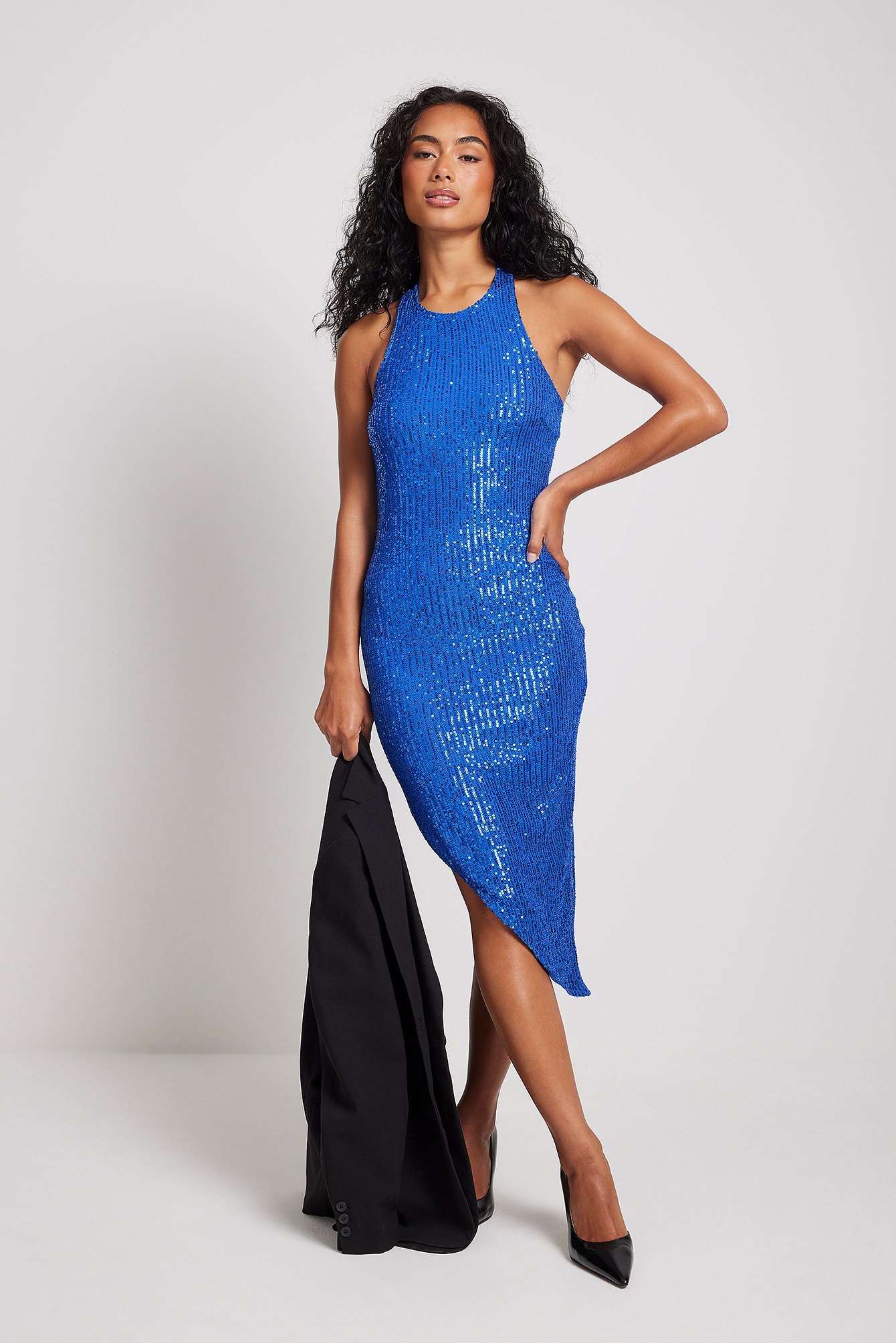 Blue Asymmetric Sleeveless Sequin Midi Dress