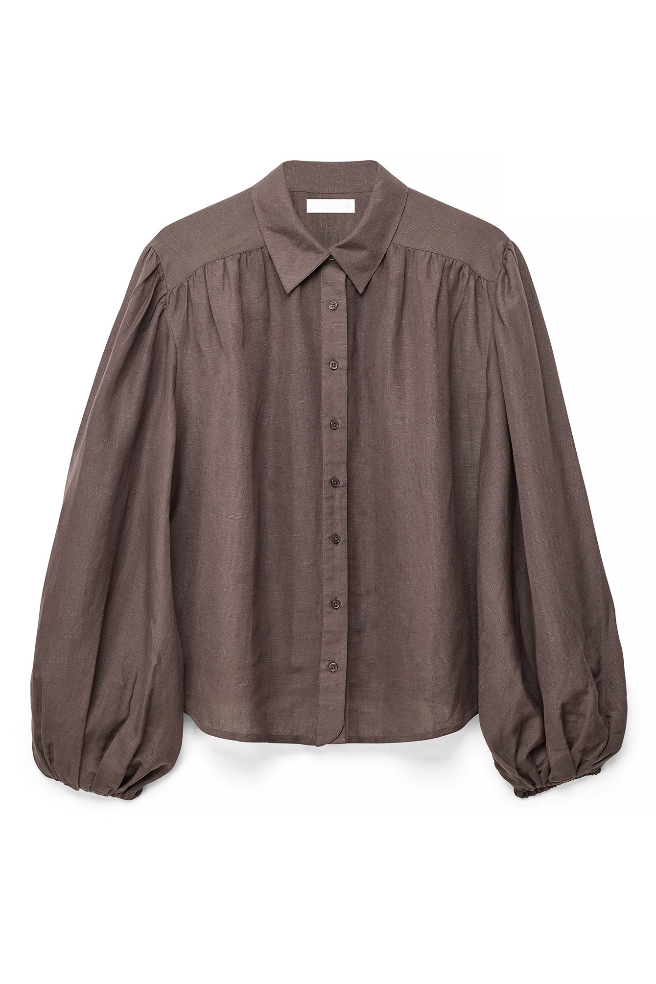 Dark Brown Balloon Sleeve Linen Blend Shirt