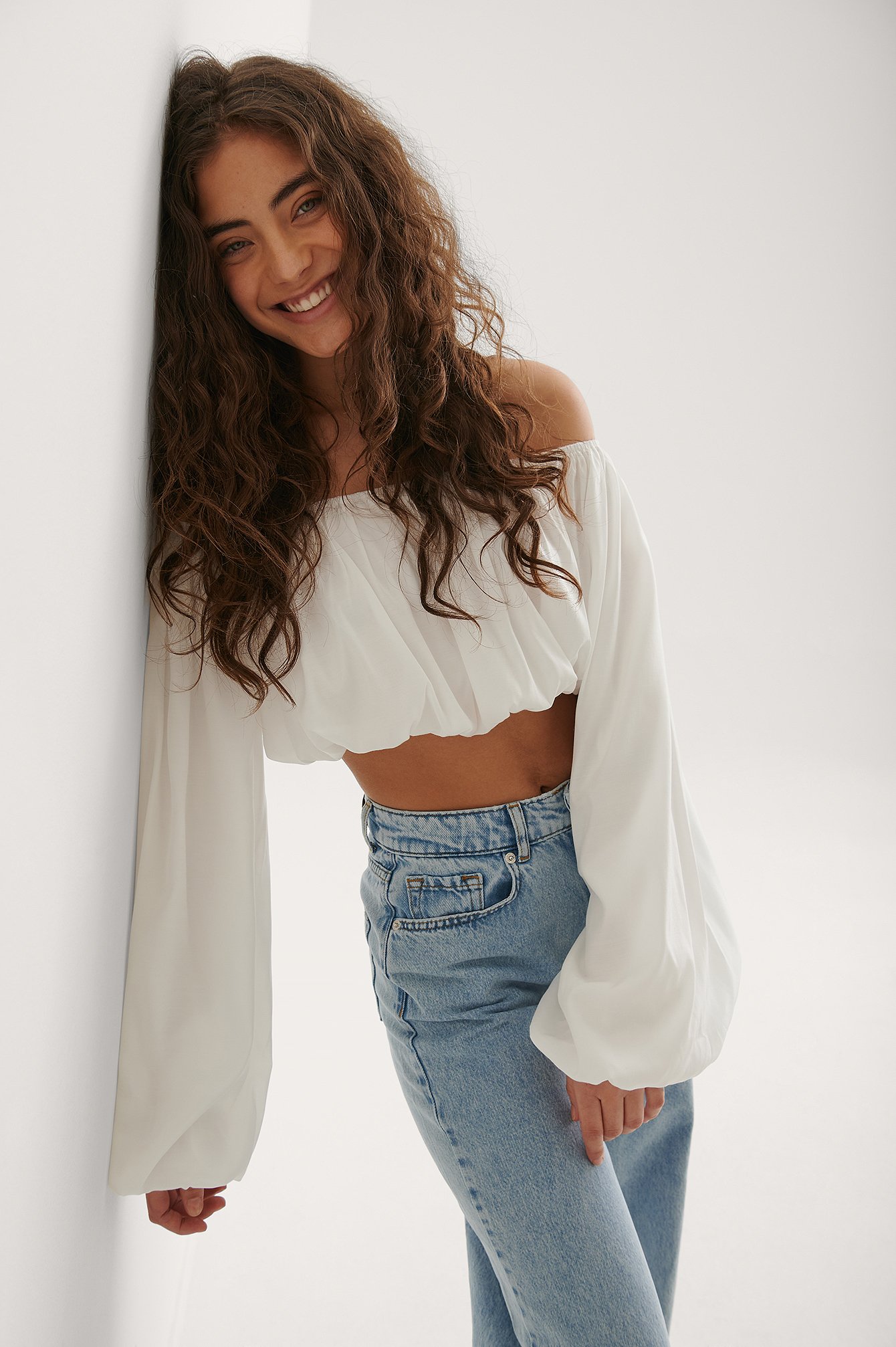 White Balloon Long Sleeved Cropped Blouse