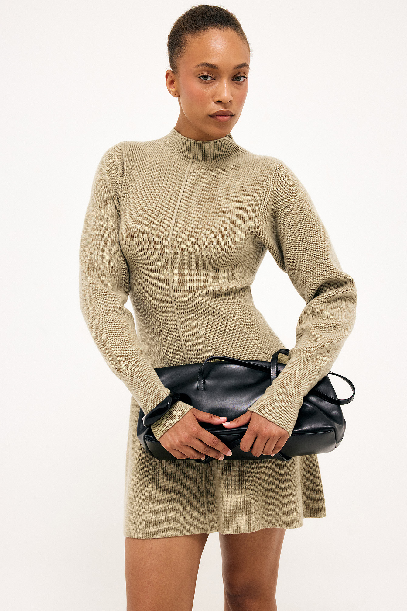 Balloon Sleeve Knitted Turtleneck Dress Green | NA-KD