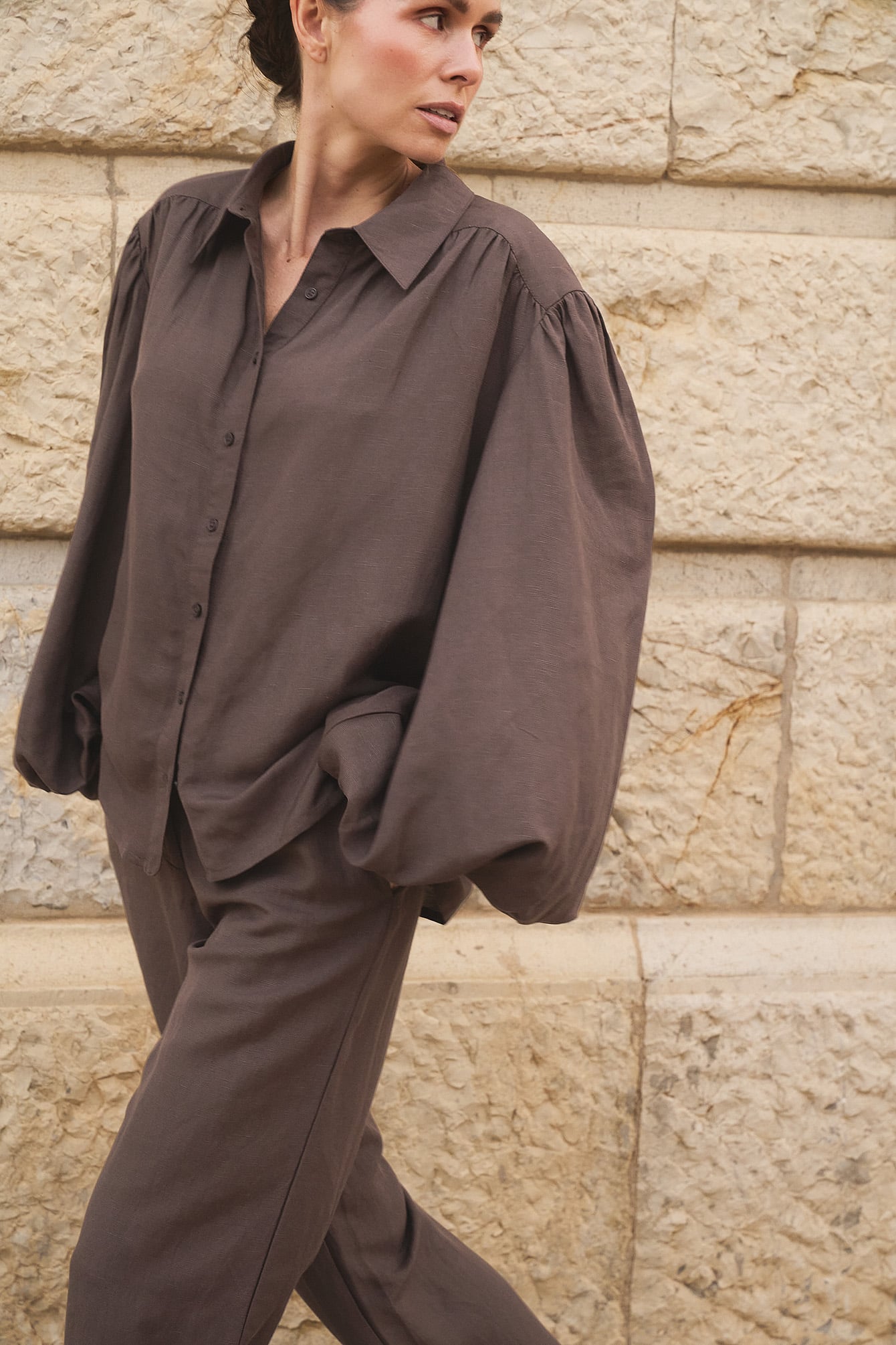 Balloon Sleeve Linen Blend Shirt Brown | NA-KD