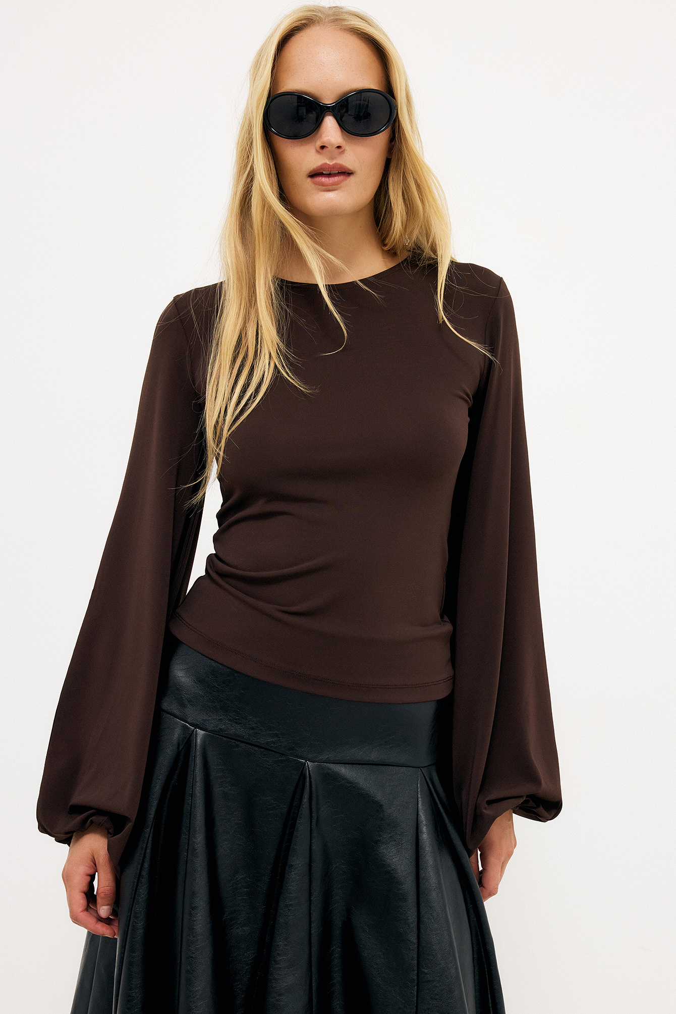 Balloon Sleeve Long Sleeve Jersey Top - Balloon Sleeve Tops - Brown - L - NA-KD / NAKD