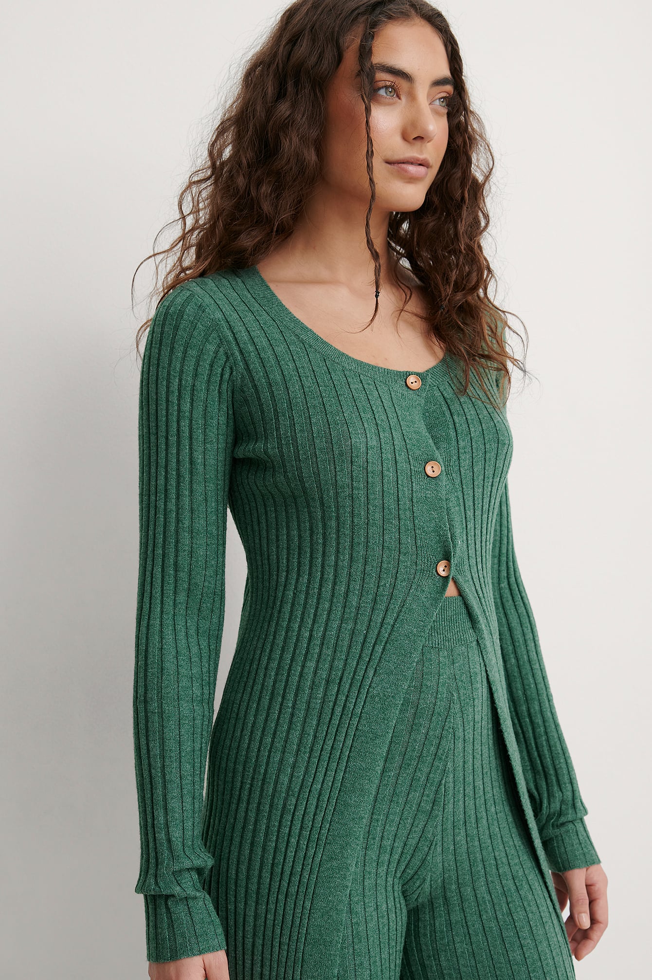 Knitted Rib Long Cardigan Green