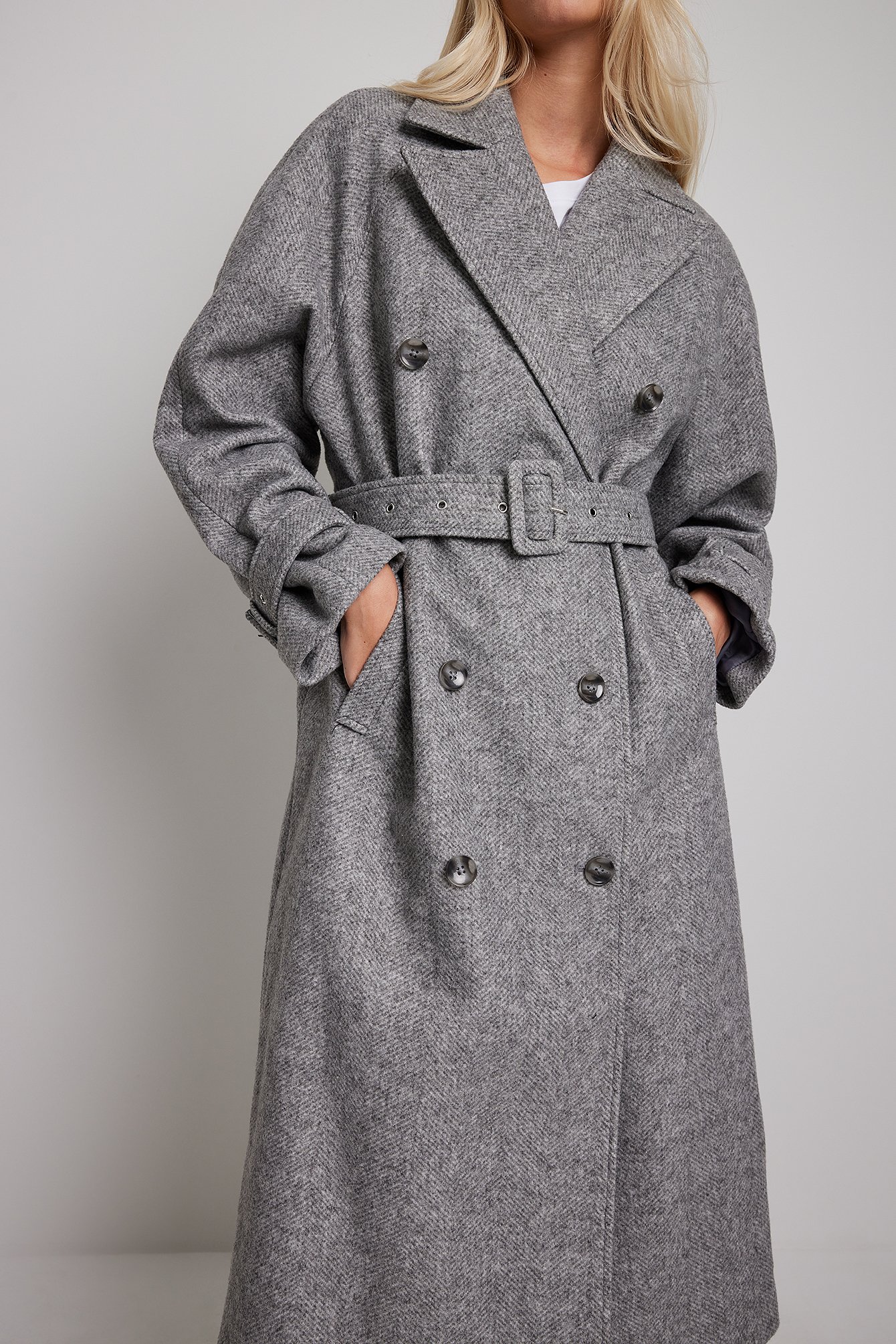 Light Grey Belted Herringbone Coat