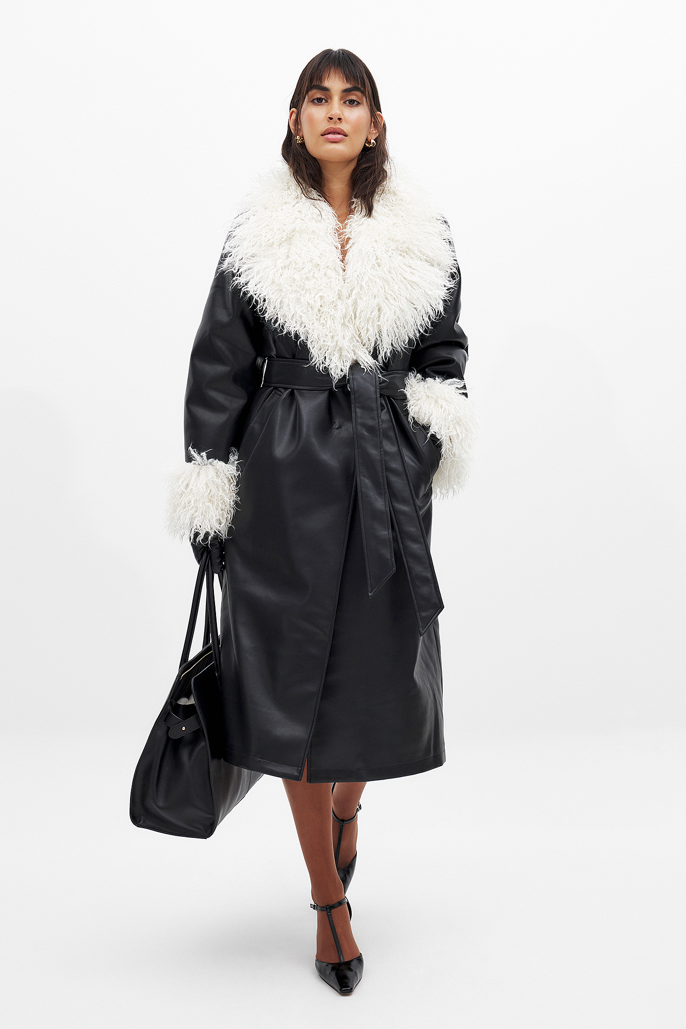 Belted Pu Bonded Long Coat - Faux-leather Jackets - Black - EU 34 - NA-KD / NAKD